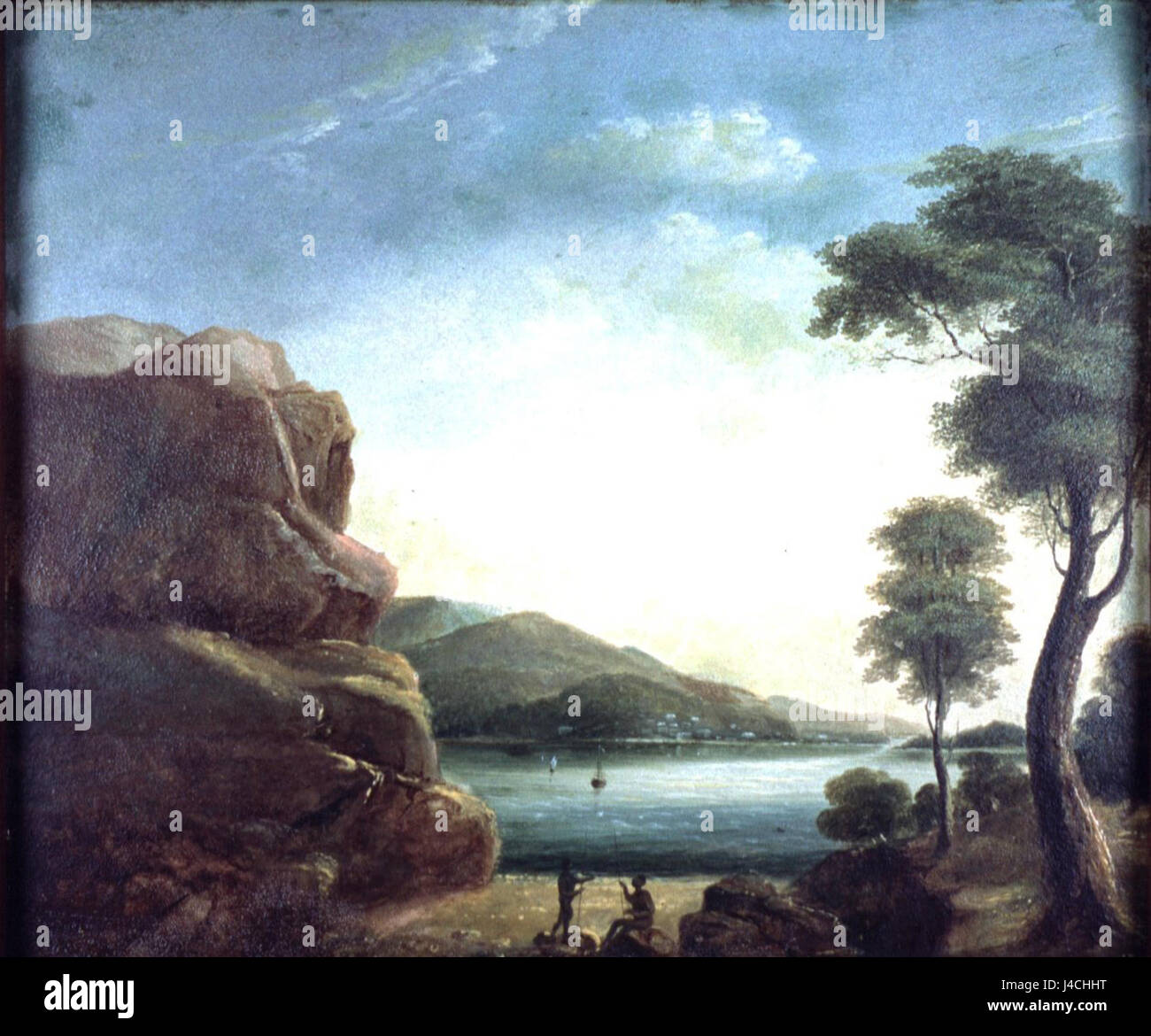 Un dipinto di William Buelow Gould del 1838 raffigurante una scena fluviale con popolazioni indigene in Australia. Foto Stock