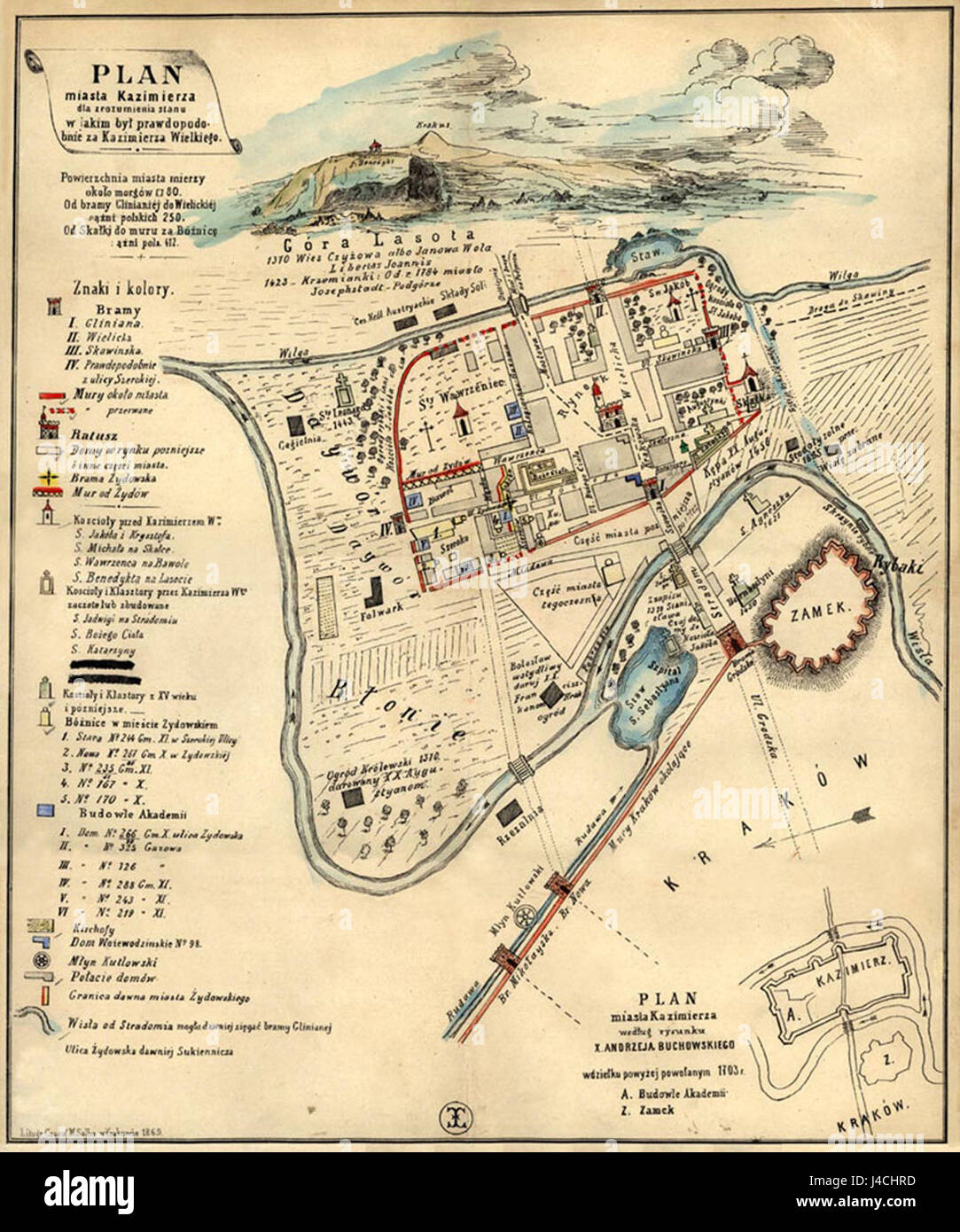 Il piano Kazimierza del 1869 è una mappa storica dettagliata che mostra il layout e le caratteristiche geografiche del distretto di Kazimierz a Cracovia, in Polonia. Questa mappa riflette la struttura urbana e i cambiamenti nell'area durante il XIX secolo. Foto Stock