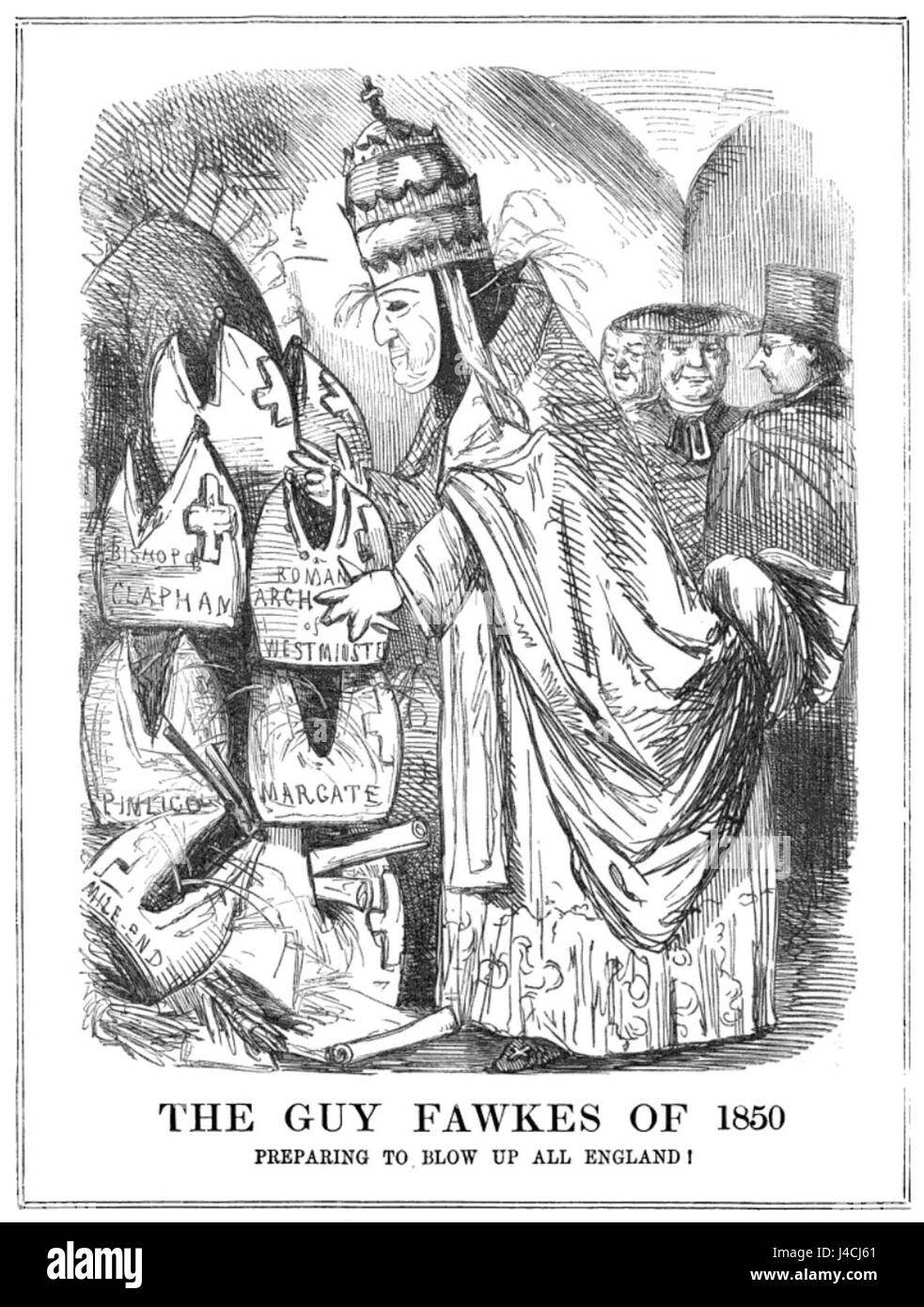 Questo cartone animato politico del 1850, intitolato "Punch: Guy Fawkes Pope", satira le figure politiche e religiose dell'epoca. Il cartone animato, della rivista britannica "Punch", usa la caricatura per criticare la politica dell'epoca, in particolare la tensione tra chiesa e stato nell'Inghilterra vittoriana. Foto Stock