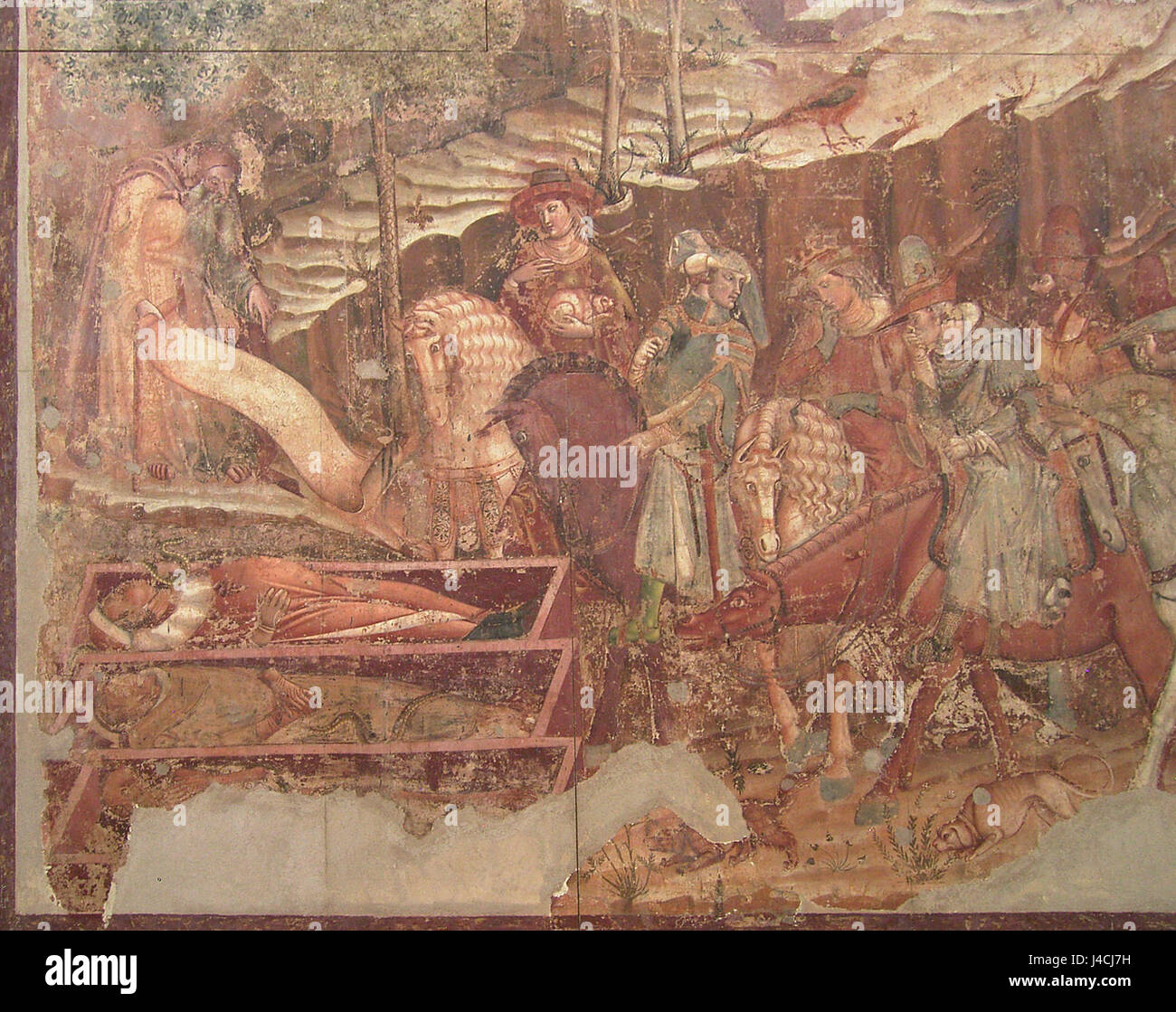 Il Camposanto Monumentale di Pisa è noto per i suoi affreschi raffiguranti il Trionfo della morte. Questi affreschi, che includono scene di tombe di apertura, illustrano la credenza medievale nella mortalità e nell'aldilà, offrendo una visione dei temi artistici e religiosi del periodo. Foto Stock