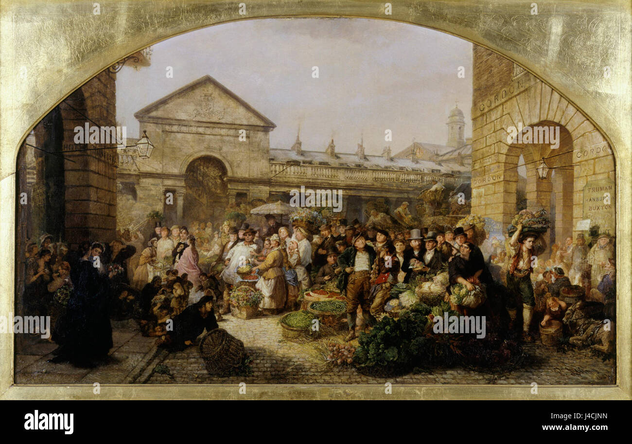 La rappresentazione del mercato di Covent Garden di Phoebus Levin del 1864 offre uno sguardo storico a uno dei centri commerciali più rappresentativi di Londra. L'opera d'arte cattura l'atmosfera vivace del mercato, noto per i suoi fiori, i suoi prodotti e il commercio generale. Il Covent Garden ha svolto un ruolo significativo nell'economia urbana di Londonâ durante il XIX secolo. Foto Stock