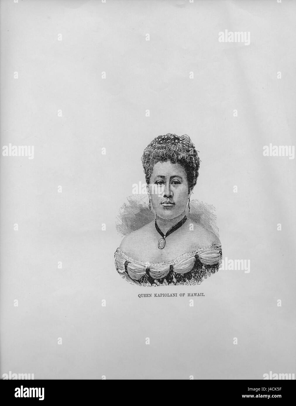 Questo blocco di legno raffigura la Regina Kapiolani, la Regina consorte del Re Kalakaua delle Hawaii, come descritto nel *Illustrated London News*. Mostra il suo status reale e il significato culturale dei reali hawaiani nel XIX secolo. Foto Stock