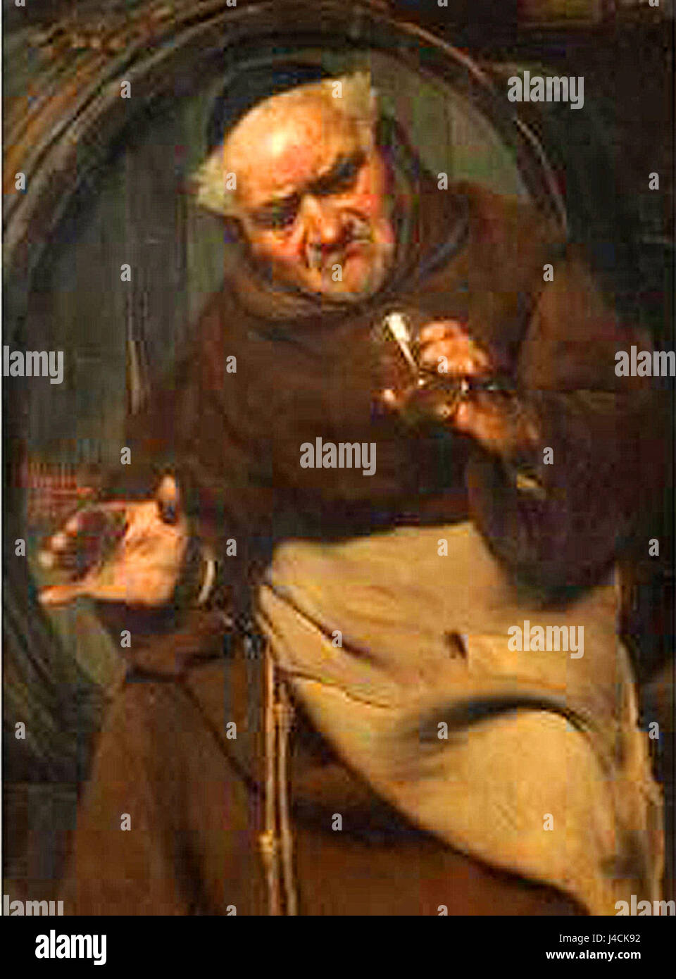 Pompeo Massani (1850-1920) è stato un pittore italiano noto per la sua opera "Moine au verre de vin" (Monk with a Glass of Wine). Il dipinto raffigura una figura religiosa in un momento contemplativo, riflettendo l'attenzione di Massani sull'emozione umana e sul gioco di luce nelle sue opere. Foto Stock