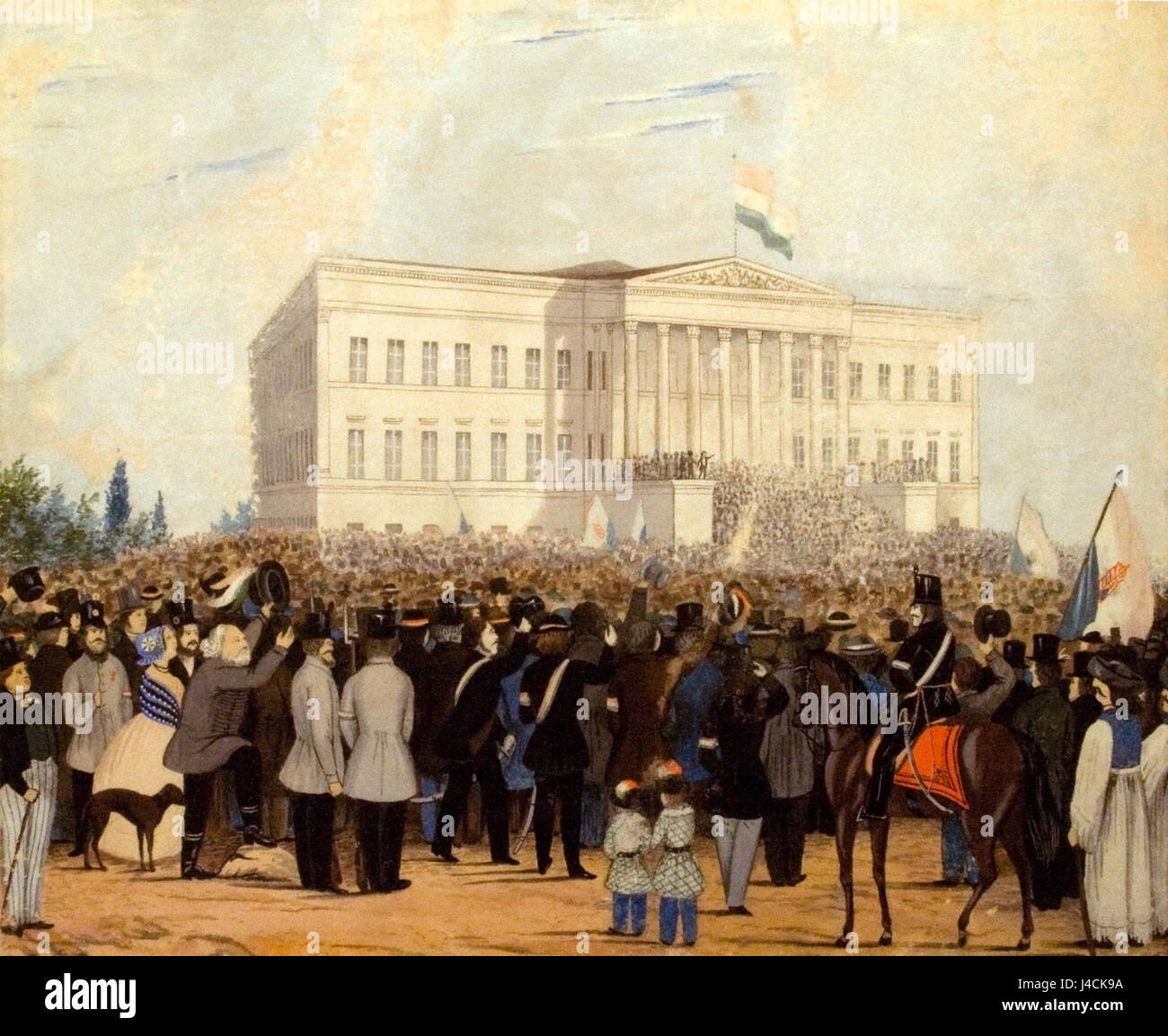 Il raduno tenutosi di fronte al Museo Nazionale il 15 marzo 1848, faceva parte della serie di eventi rivoluzionari durante l'anno delle rivoluzioni europee, evidenziando le richieste di riforme democratiche e di indipendenza nazionale. Foto Stock
