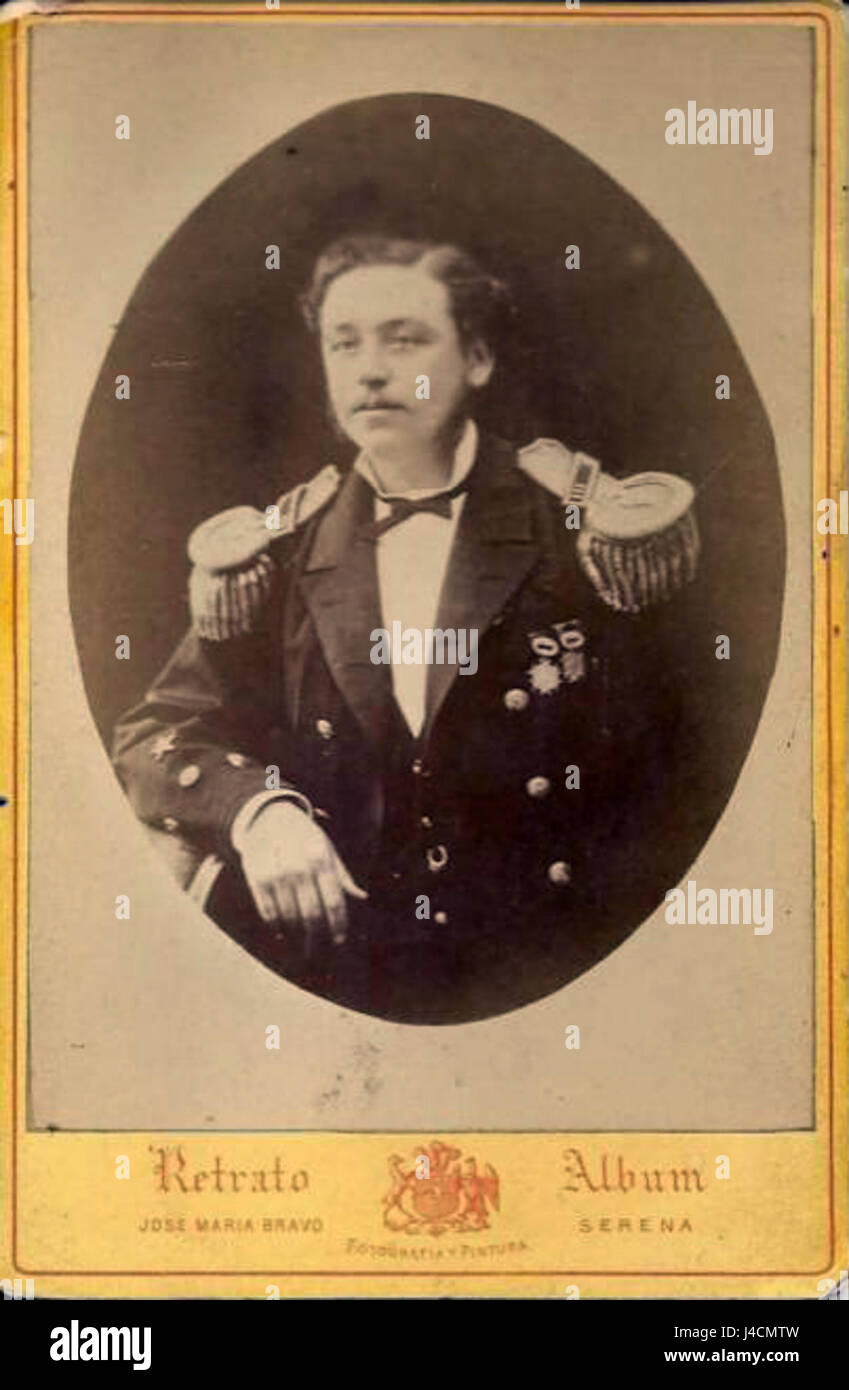 Questo ritratto rappresenta Carlos Condell, un ufficiale navale cileno ed eroe nazionale. Noto per i suoi contributi alla Marina cilena, ha svolto un ruolo significativo nella difesa del Cile durante la Guerra del Pacifico. Foto Stock