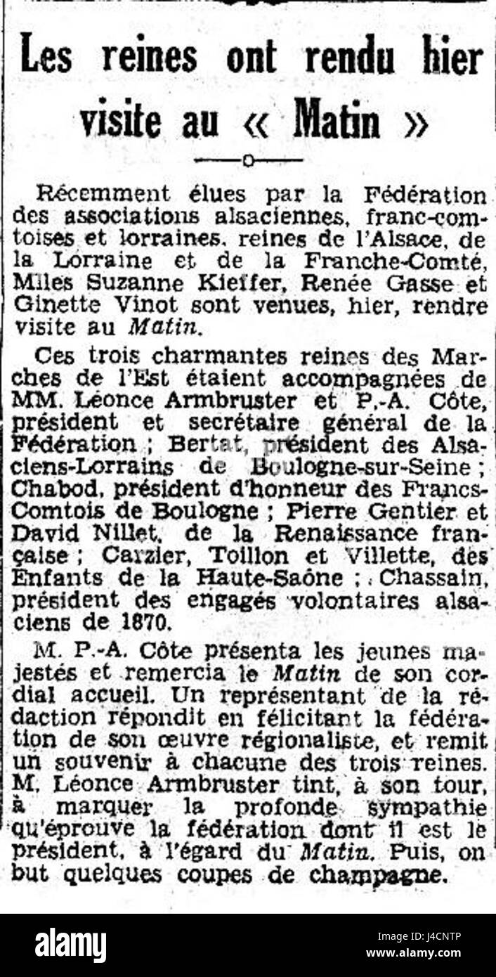 Reines alsaciennes en visite au ufficiale parisien Le Matin Foto Stock