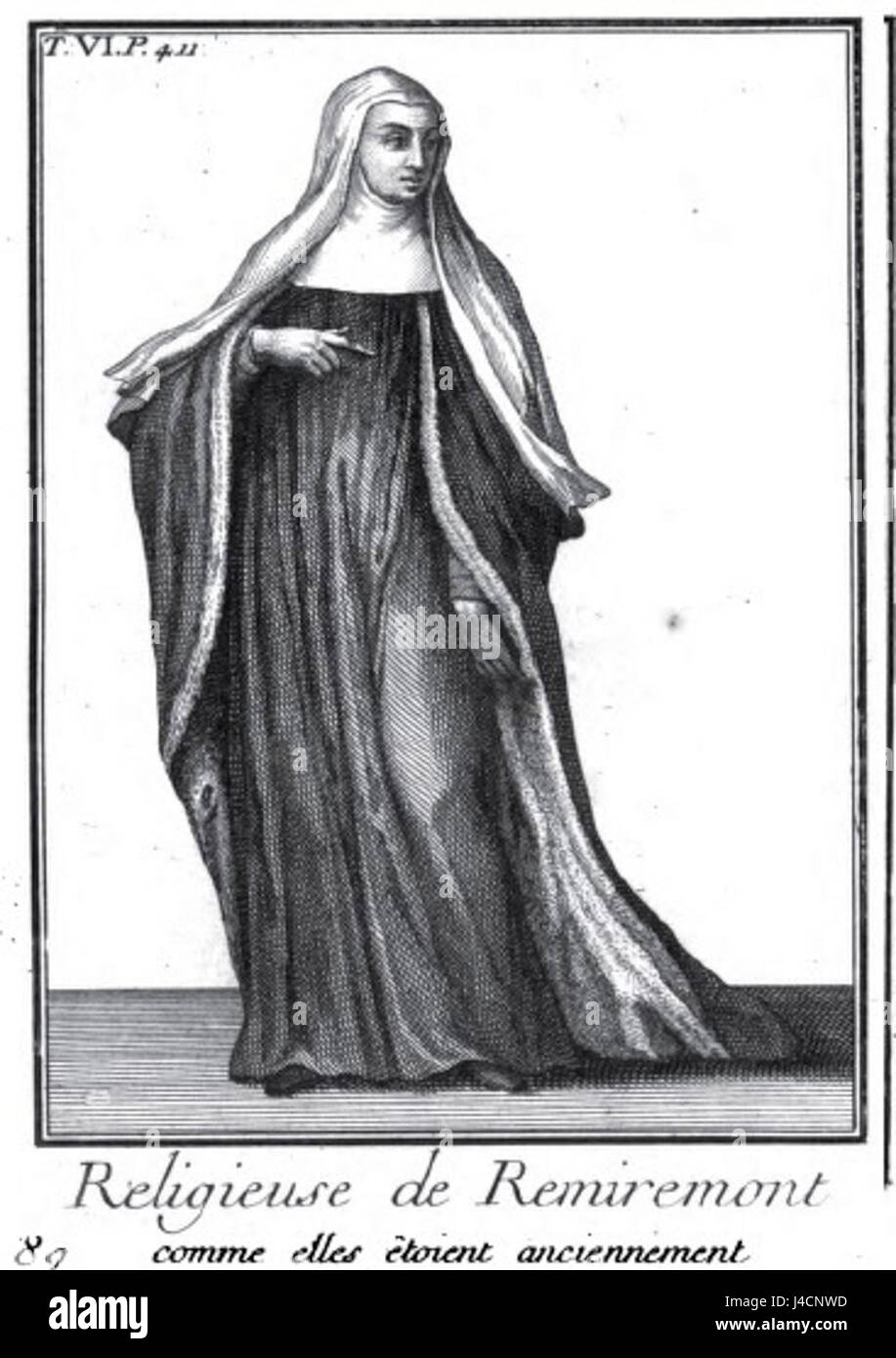 Questa opera storica, "Histoire Des Ordres Monastiques", include dettagli sulla vita monastica e sul ruolo delle suore, concentrandosi sulla rappresentazione del 1718 della Religieuse de Remiremont. Foto Stock