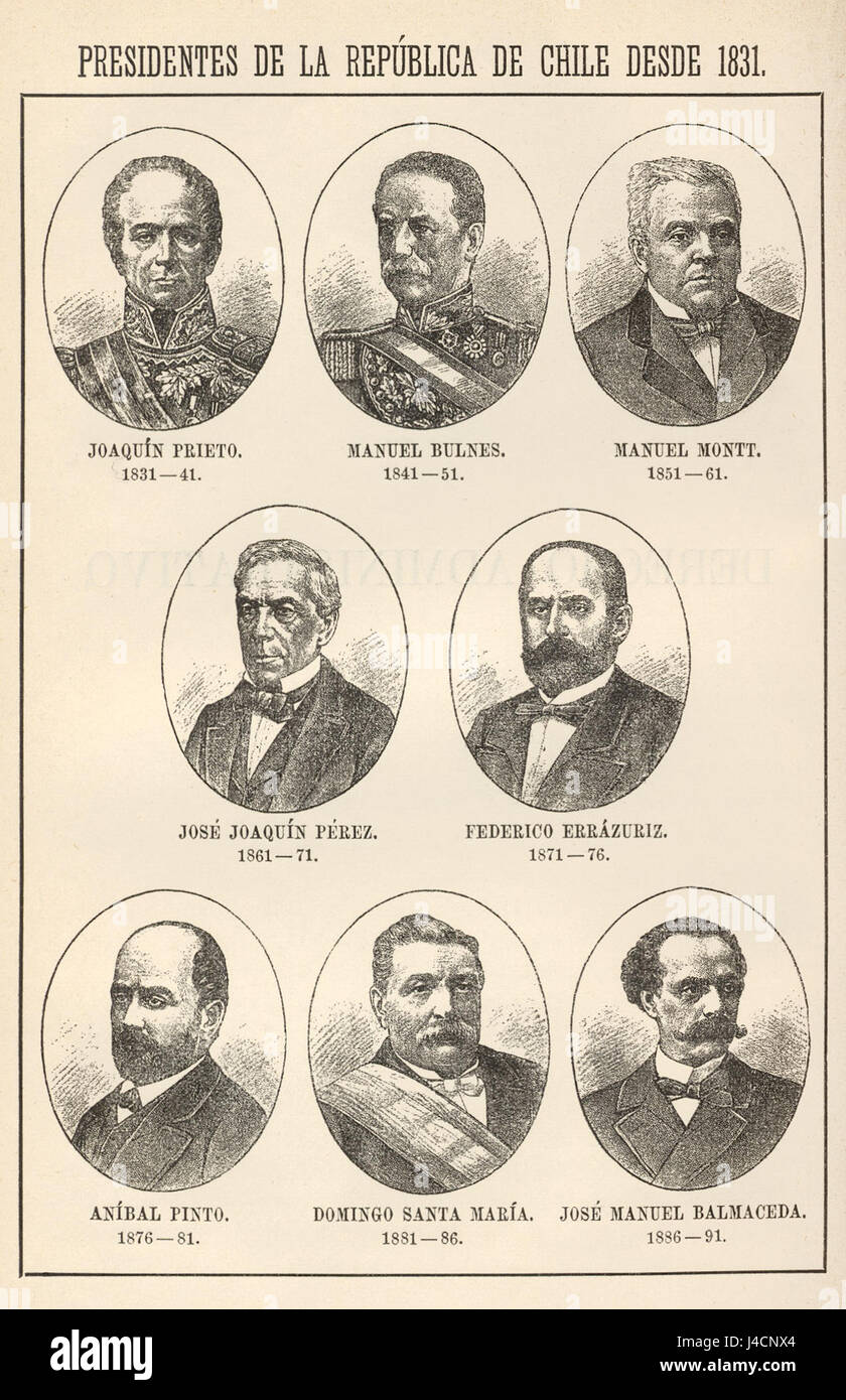 "Presidentes Chile 1831 a 1891" si riferisce alla storia dei presidenti cileni del XIX secolo, che documentano la leadership politica del Cile dal 1831 al 1891. Foto Stock