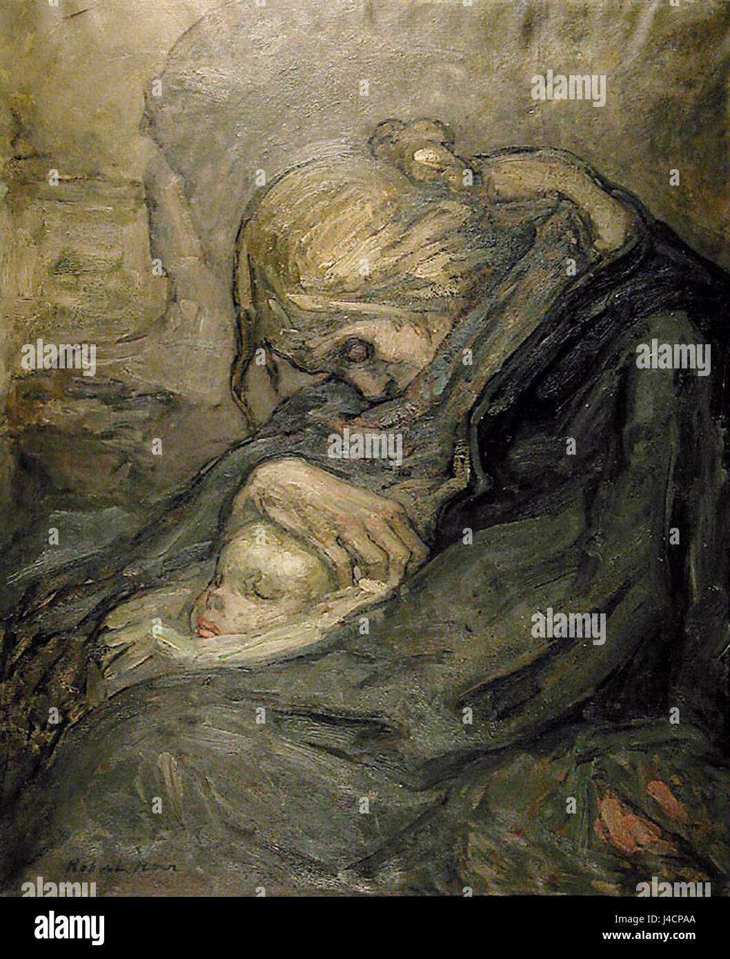 "Mutter und Kind" (madre e bambino) è una rappresentazione di Robert Noir, che sottolinea il tenero rapporto tra madre e figlio. Questo tema è stato ampiamente esplorato nell'arte, simboleggiando l'amore, la protezione e i legami familiari. Foto Stock