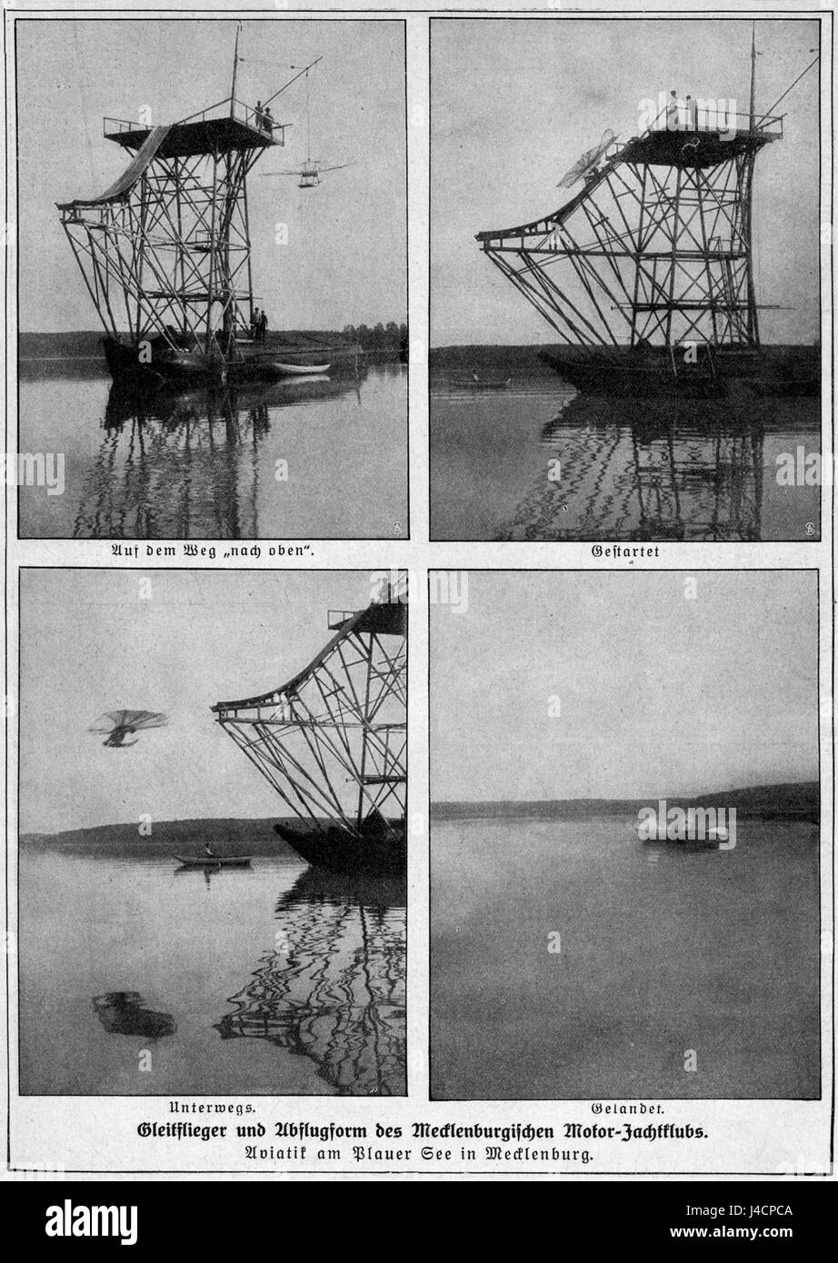 Questa fotografia raffigura i tentativi di volo del MMYC (MÃ¤rkisch-MÃ¤rkische Yachting Club) sopra il Plauer SEE nel 1910. L'immagine cattura i primi esperimenti di aviazione vicino al lago, mostrando lo sviluppo della tecnologia di volo in Germania durante l'inizio del XX secolo. Foto Stock