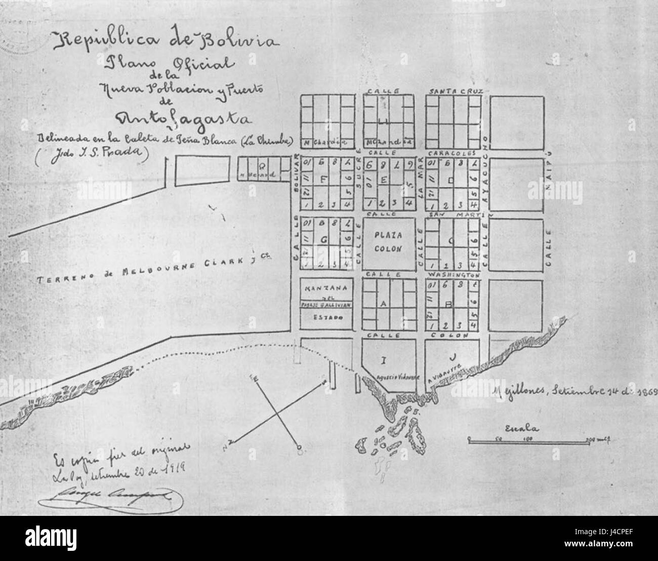 Una mappa o un piano urbano di Antofagasta del 1869, che mostra il primo layout e lo sviluppo della città nel nord del Cile. Foto Stock