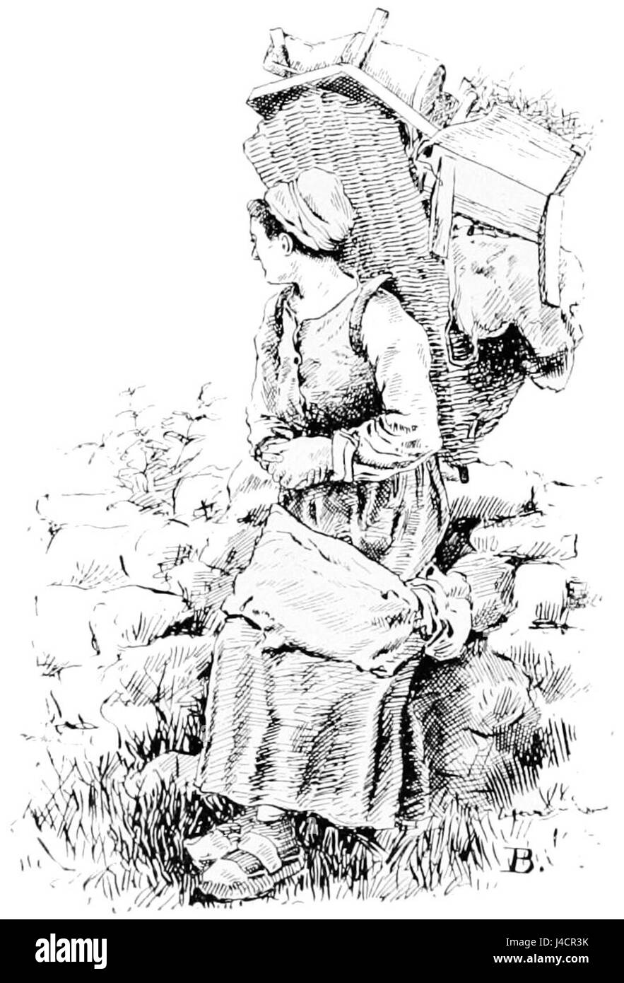 Questa immagine mostra un contadino tedesco womanÂ€™s Knapsack, probabilmente parte di una serie storica sulla vita rurale in Germania. Illustra gli attrezzi e gli abiti quotidiani indossati dai contadini, riflettendo il loro approccio pratico alla vita nella Germania rurale durante i secoli precedenti. Foto Stock