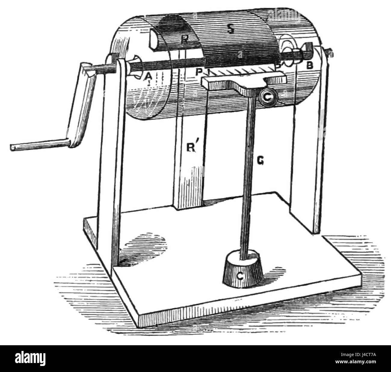 Questa illustrazione tratta da "PSM V09 D188" mostra un progetto iniziale di un generatore di elettricità, un'invenzione cruciale per lo sviluppo dell'ingegneria elettrica. Riflette i progressi tecnologici nel tardo XIX secolo nel campo della generazione di energia. Foto Stock