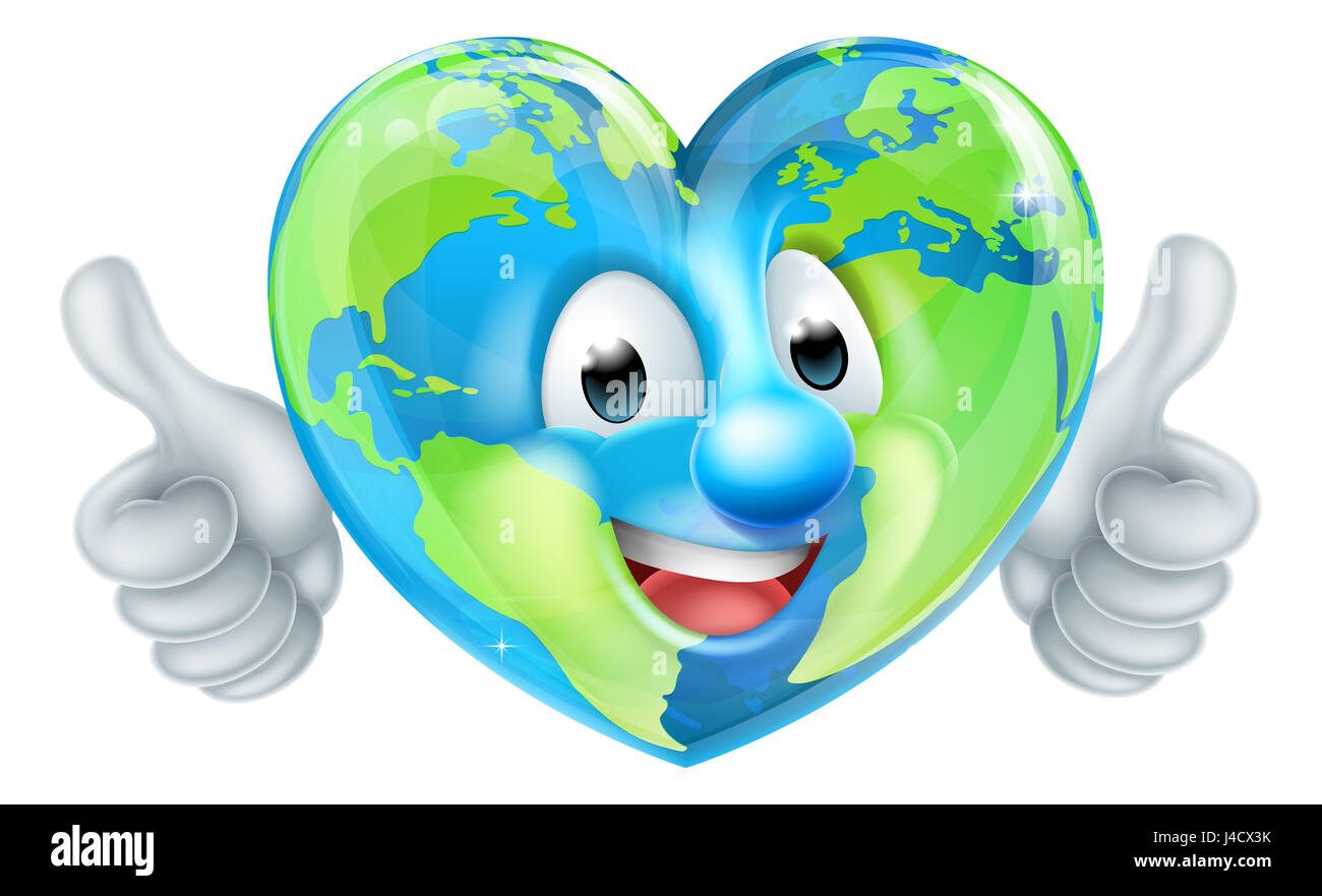 Un mondo per la giornata della terra a forma di cuore globo mascotte cartoon character dando pollice in alto Foto Stock