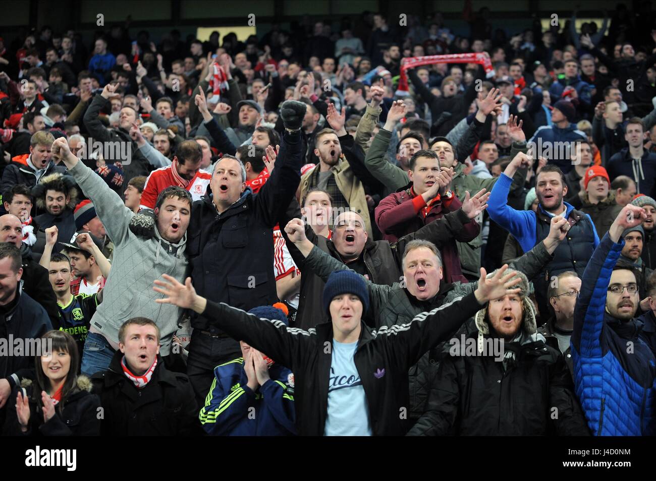 I fan di MIDDLESBROUGH CELEBRARE O Manchester City V MIDDLESBROUG Etihad Stadium Manchester Inghilterra 24 Gennaio 2015 Foto Stock