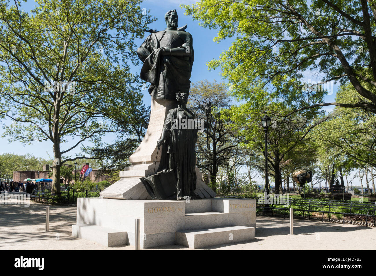 Giovanni da Verrazzano statua, Battery Park, New York, Stati Uniti d'America Foto Stock