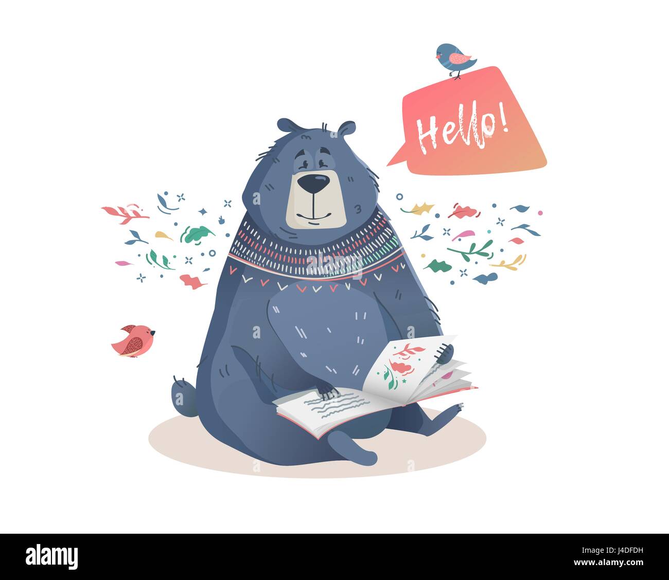 I bambini di illustrazione di un orso con un libro di favole. Carattere l'orso per stampare su una T-shirt, flyer, poster, coperchio, libri stampati sul tessuto. Illustrazione Vettoriale