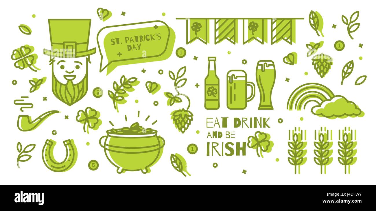 Un insieme di elementi per la festa di San Patrizio. Semplice design sottile linea. Le icone possono essere impiegati in pubblicità, poster, opuscoli, coprire il biglietto. Illustrazione Vettoriale