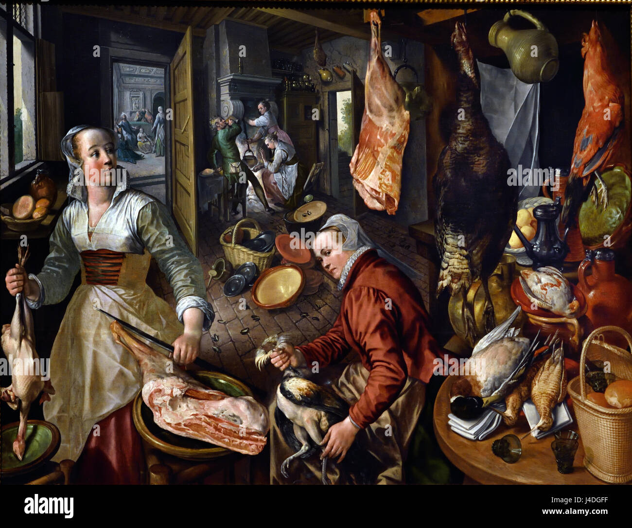 I quattro elementi: fuoco 1570 Joachim Beuckelaer 1533-1574 Anversa Fiammingo Belgio ( belga il fuoco è uno dei Beuckelaer più ambizioso di opere, combinando la vita ancora di haunches di carne e di pollame che è preparato per la cottura sul fuoco al di là con un drammatico uso della prospettiva costruzioni che coinvolgono molteplici punti di fuga. Al di là della cucina Cristo è rappresentato seduto con Marta e Maria. ) Foto Stock