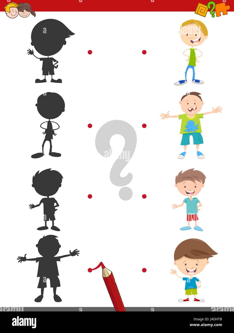 Cartoon illustrazione di trovare l'ombra attività didattica gioco per bambini con ragazzi Kid caratteri Illustrazione Vettoriale