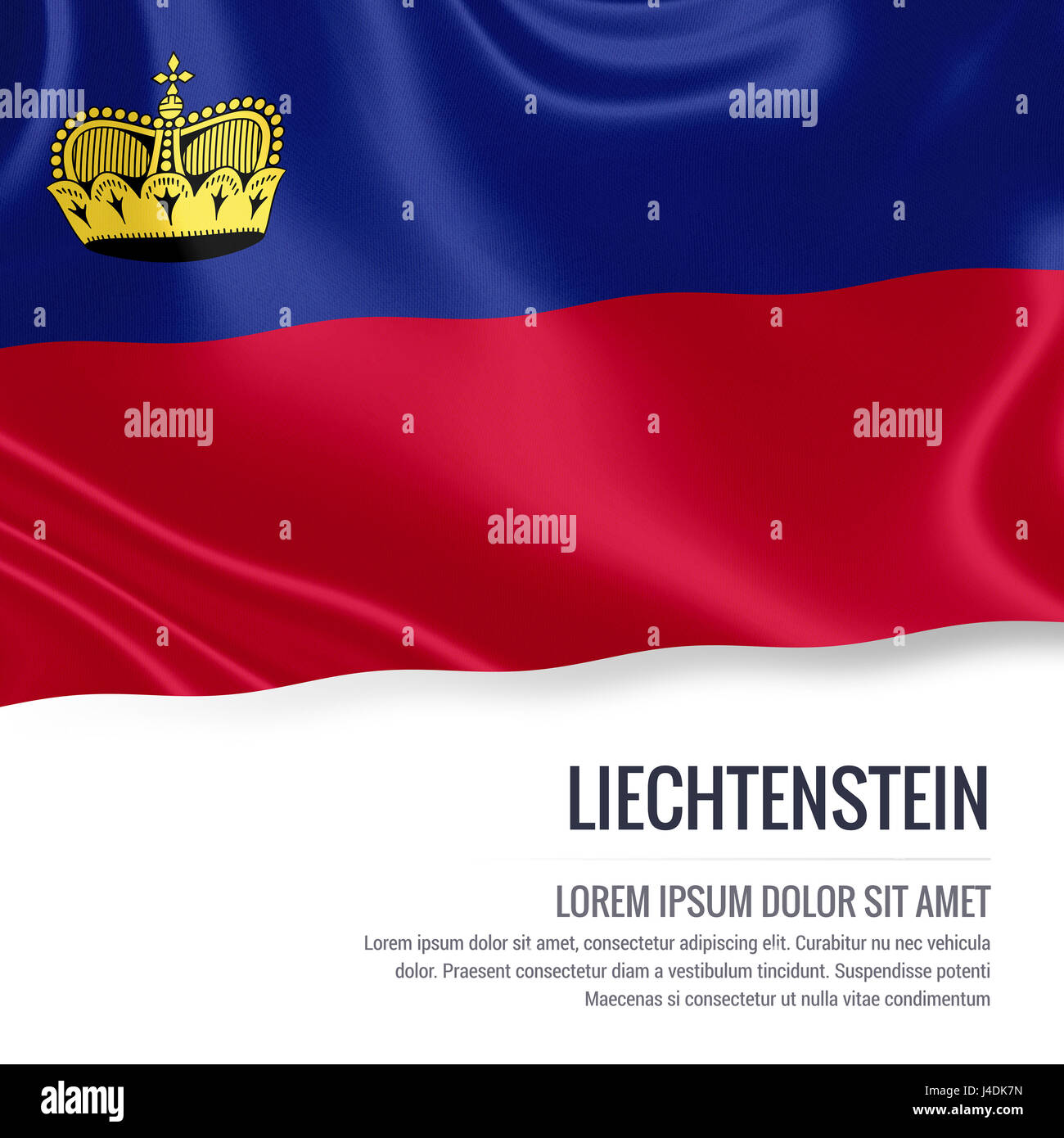 Silky bandiera del Liechtenstein sventolando isolato su un fondo bianco con il testo bianco spazio per il tuo annuncio messaggio. Il rendering 3D. Foto Stock