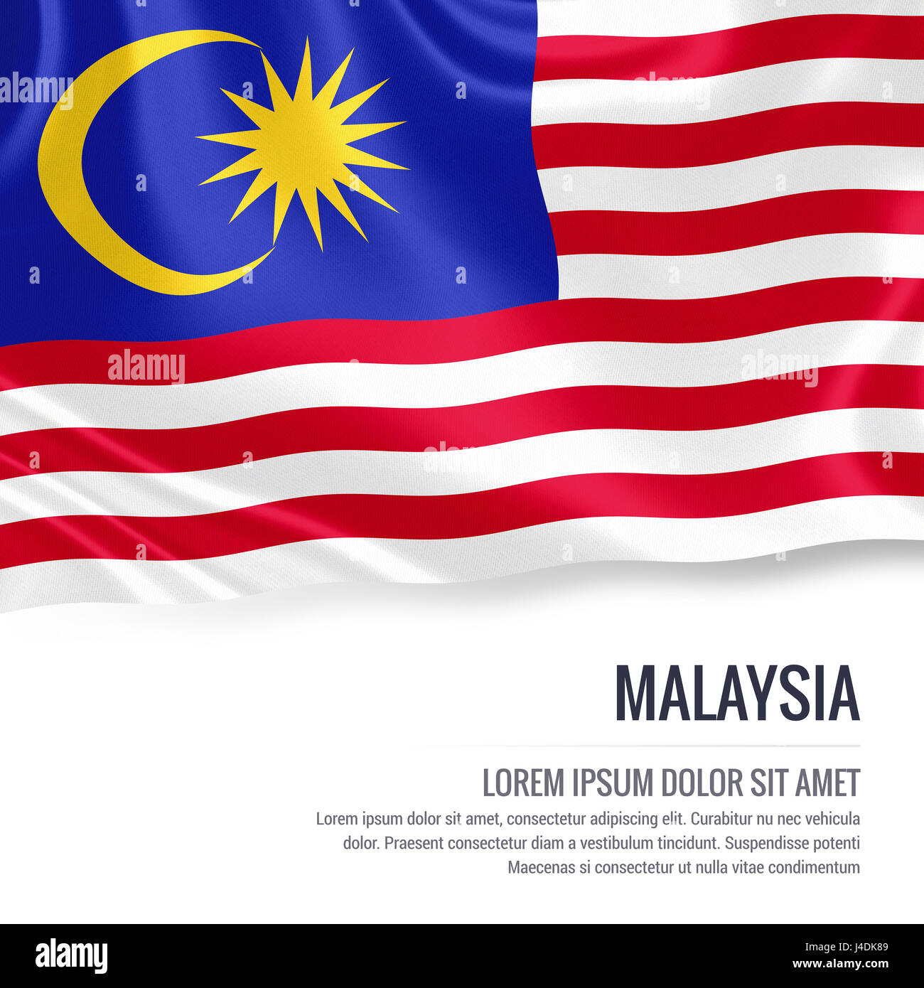 Silky bandiera della Malesia sventolando isolato su un fondo bianco con il testo bianco spazio per il tuo annuncio messaggio. Il rendering 3D. Foto Stock