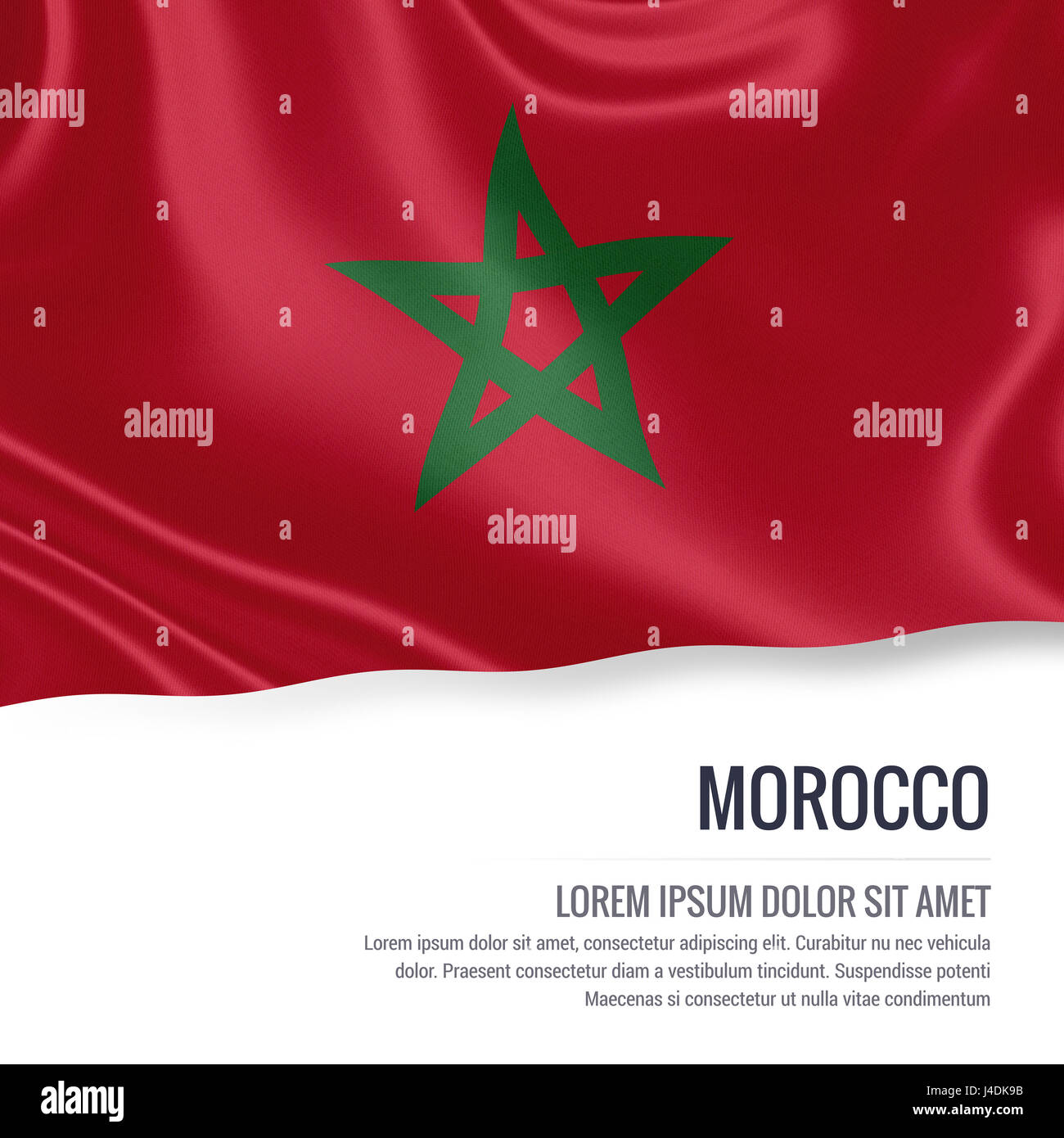 Silky Bandiera del Marocco sventolando isolato su un fondo bianco con il testo bianco spazio per il tuo annuncio messaggio. Il rendering 3D. Foto Stock