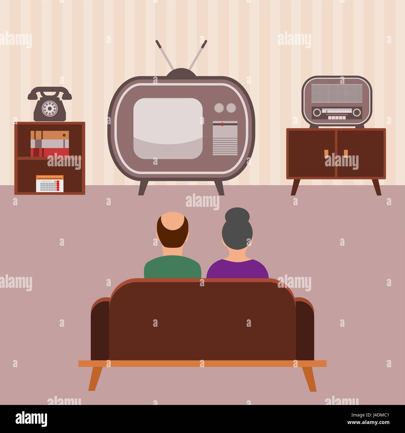 Una vecchia coppia è seduta sul divano e guardando un vecchio tv (sala decorata in stile anni cinquanta). Vecchia tv con un segnale analogico di antenna. Guardare le notizie, film. Illustrazione Vettoriale