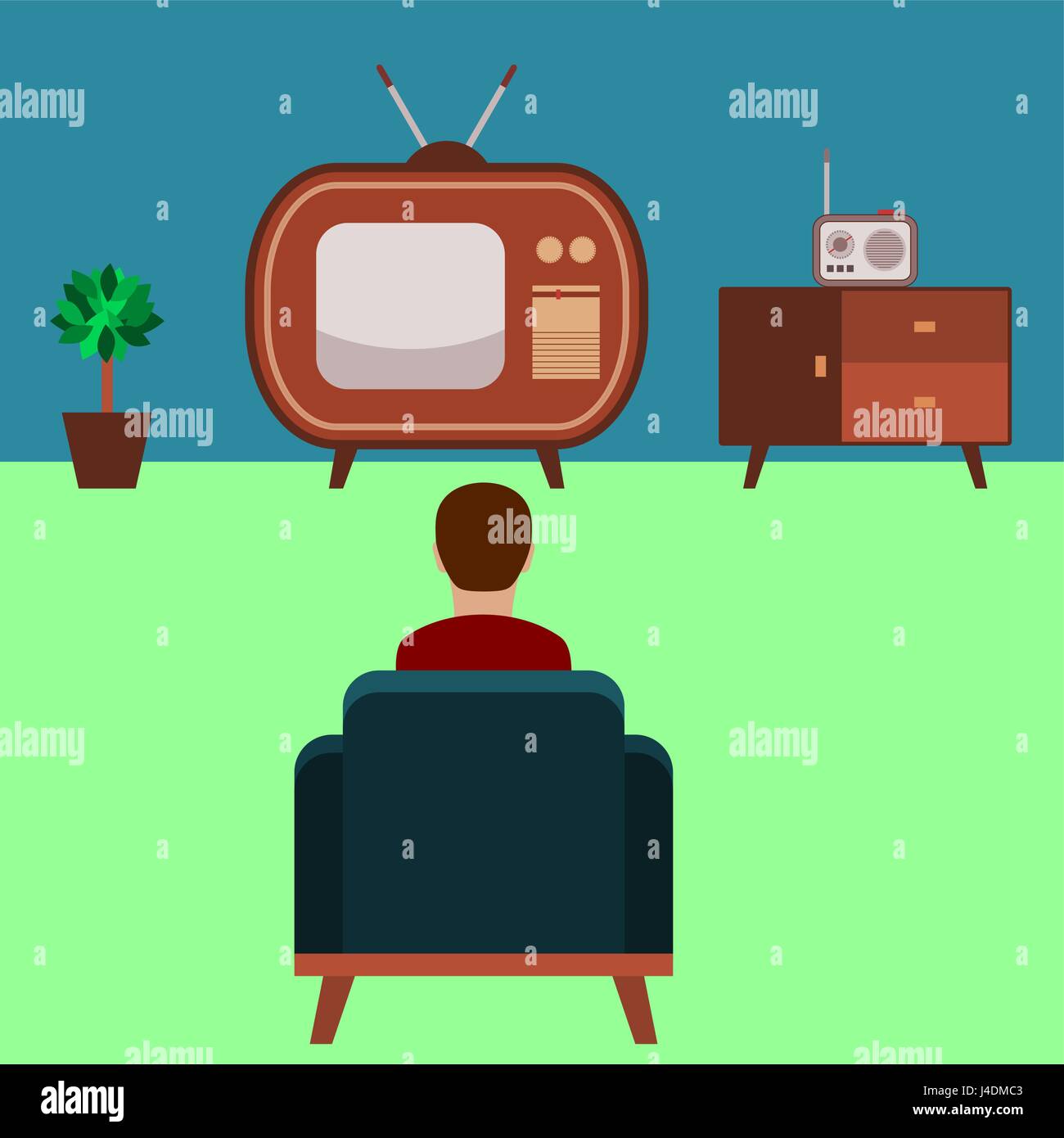 Guardando la TV. Un uomo in poltrona è la visione di un'annata tv (sala decorata in stile anni cinquanta). Vecchia tv con un segnale analogico di antenna. Guardare le notizie, film. Illustrazione Vettoriale