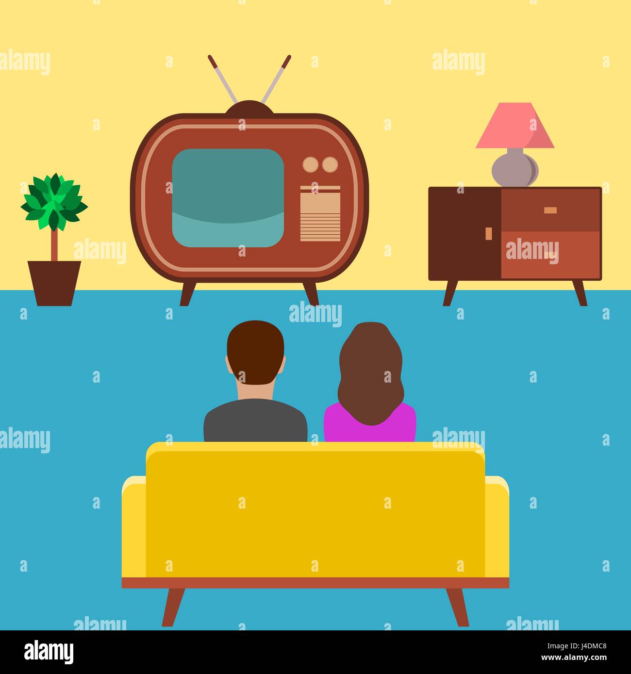 Guardando la TV. La coppia è seduta sul divano e guardare un vintage tv (sala decorata in stile anni cinquanta). Vecchia tv con un segnale analogico di antenna. Vettore Illustrazione Vettoriale