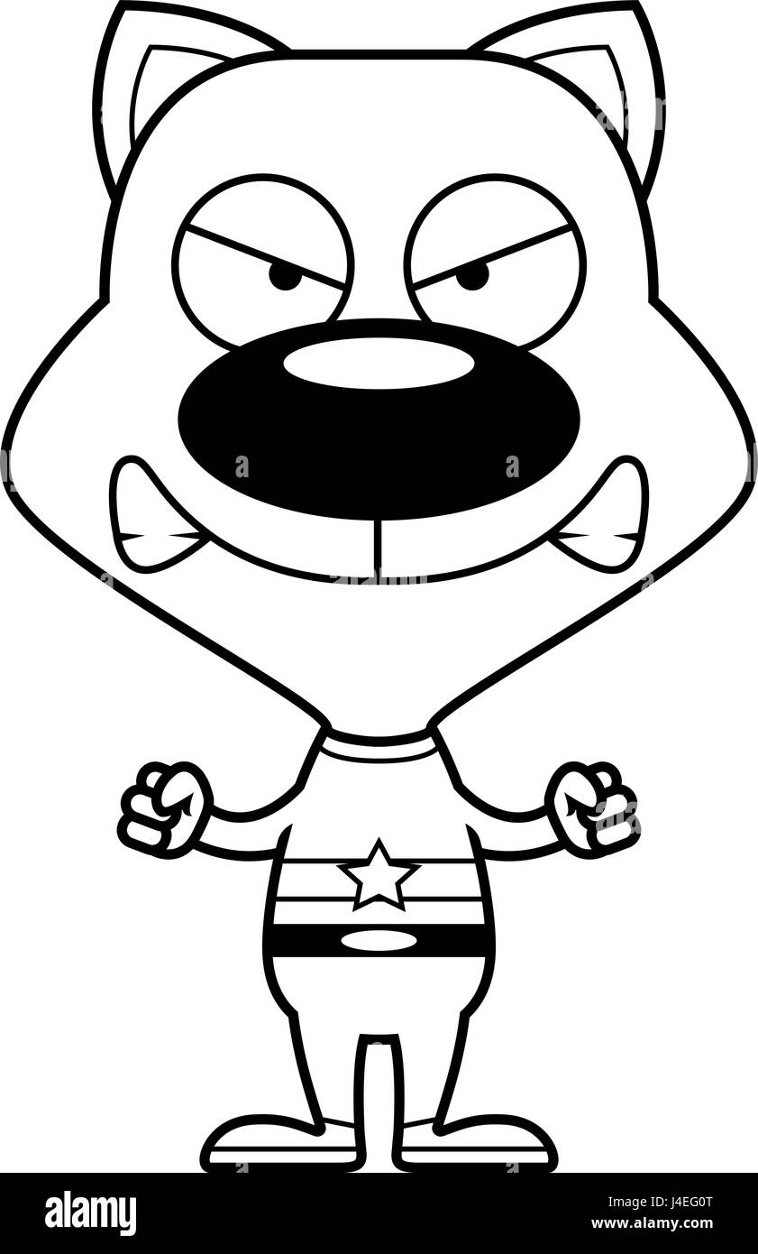 Un cartoon superhero gattino cercando arrabbiato. Illustrazione Vettoriale