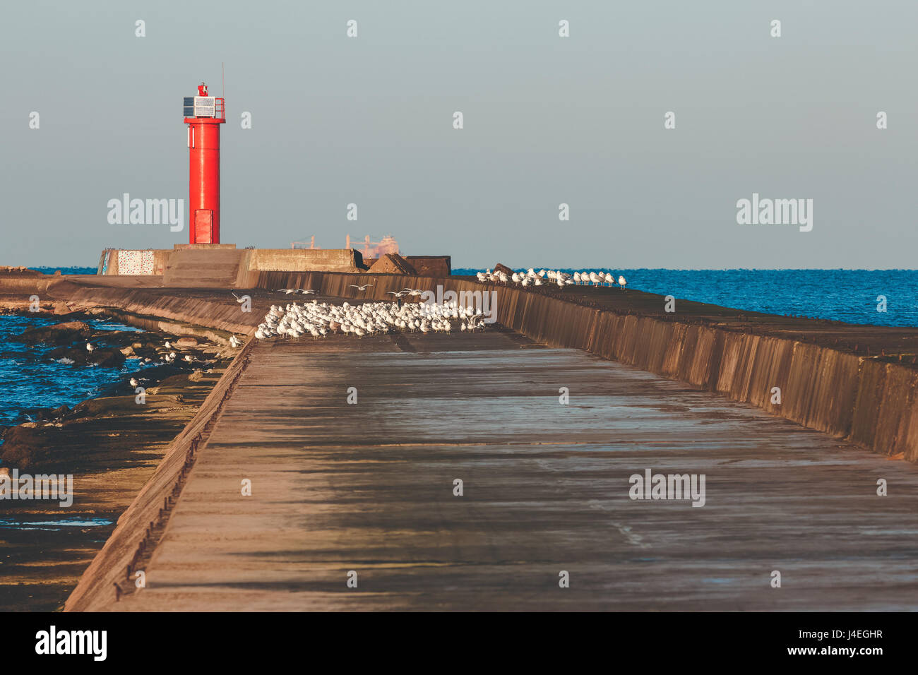 Faro rosso sul molo frangiflutti a Mar Baltico Foto Stock