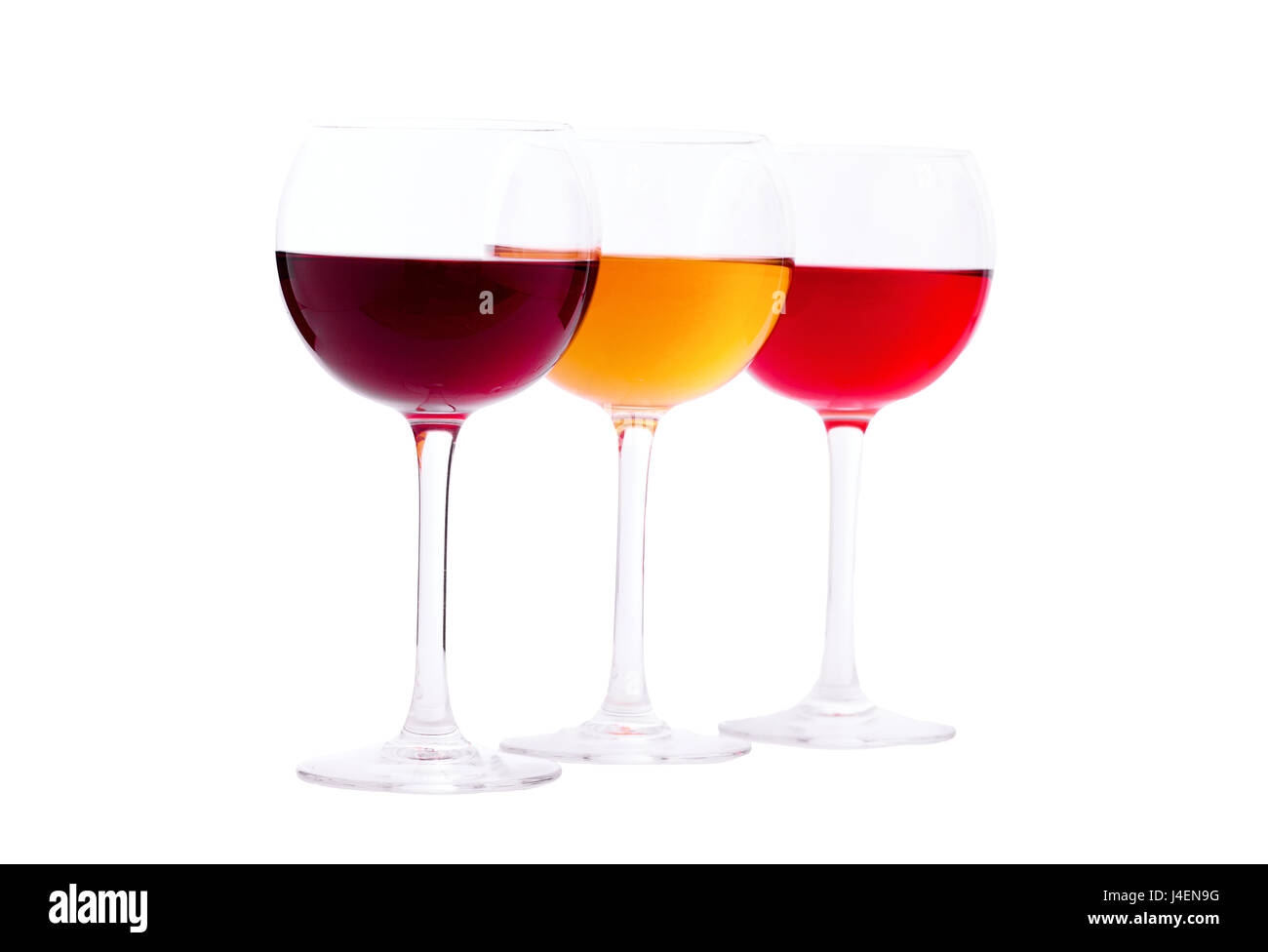Rosso, bianco e rosa bicchieri da vino fino su bianco isolato Foto Stock