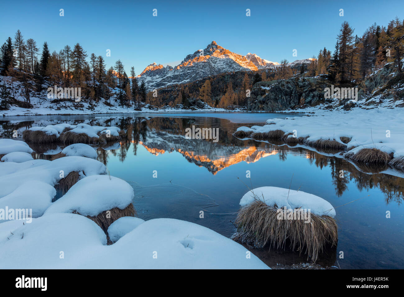 Il picco roccioso si riflette nel lago ghiacciato Mufule all'alba, Malenco Valley, provincia di Sondrio e della Valtellina, Lombardia, Italia Foto Stock