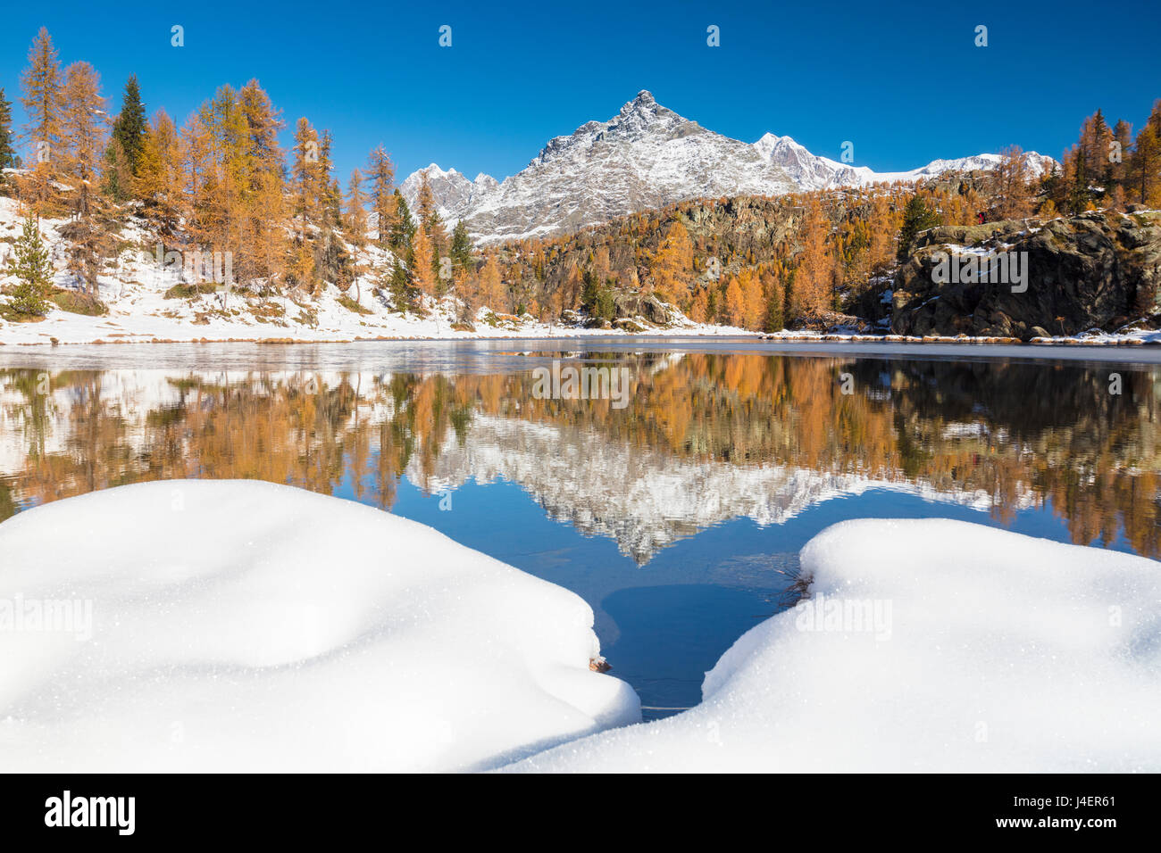Le cime innevate sono riflesse nel lago ghiacciato Mufule, Malenco Valley, provincia di Sondrio e della Valtellina, Lombardia, Italia Foto Stock