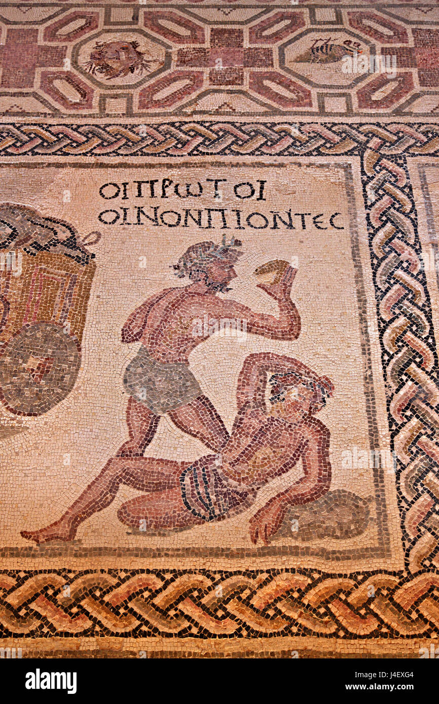 Il 'primo bevitori di vino' mosaico all'interno della "Casa di Dioniso' nel Parco Archaeoological di Paphos (Patrimonio Mondiale dell'UNESCO), Cipro. Foto Stock
