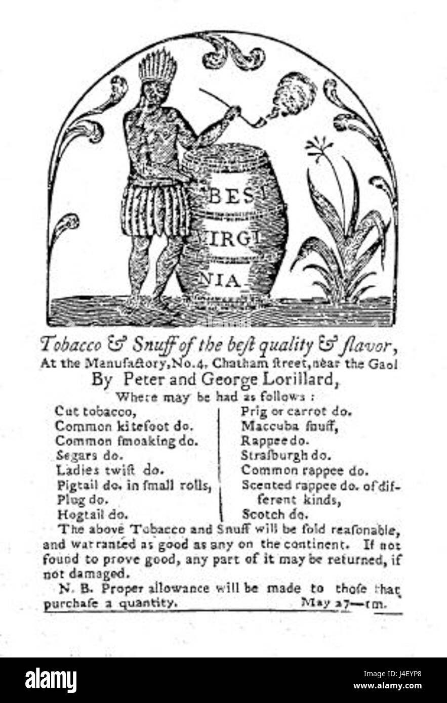Questa pubblicità Lorillard del 1789 rappresenta le prime tecniche di marketing nell'industria del tabacco. Mostra il marchio di una delle più antiche aziende produttrici di tabacco di Americaâ, che riflette le pratiche culturali e commerciali del tempo. Foto Stock