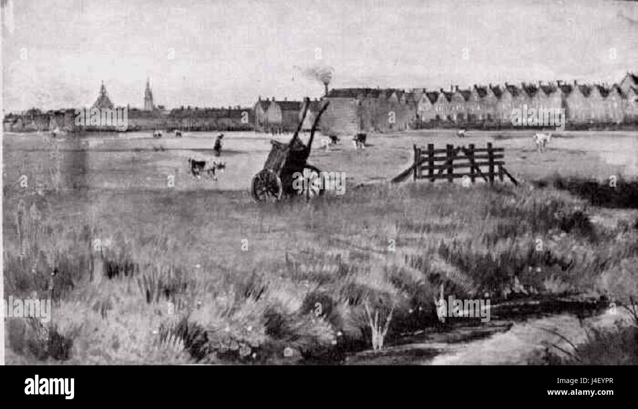 Questa opera d'arte, "prato sullo sfondo", presenta un tranquillo paesaggio con una chiesa in lontananza, che cattura una tranquilla scena rurale con enfasi sulla natura e l'architettura. Foto Stock