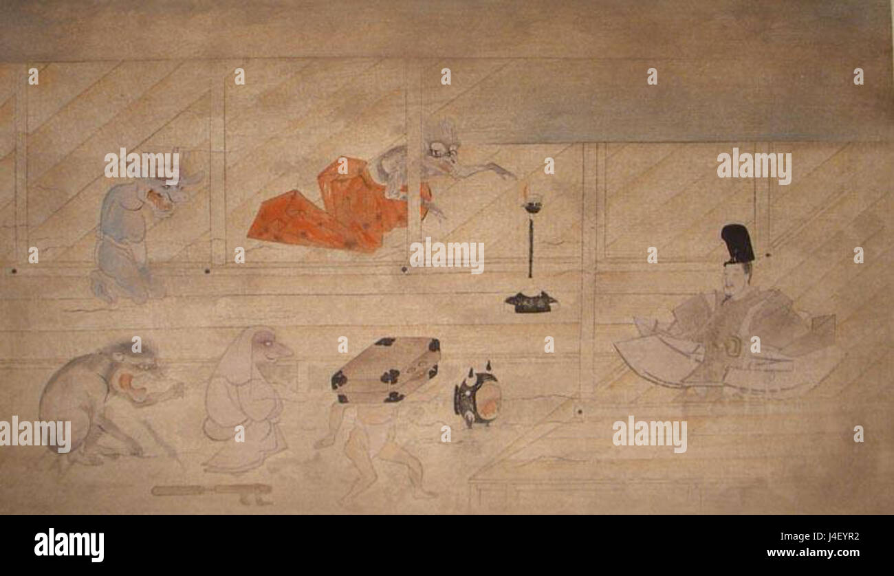 Questa opera d'arte di Mitsuaki Tosa raffigura il leggendario guerriero giapponese Yorimitsu che combatte il mitico Tsuchigumo, un gigantesco demone ragno. Il pezzo è radicato nel folklore giapponese e dimostra le tradizionali tecniche ukiyo-e. Foto Stock