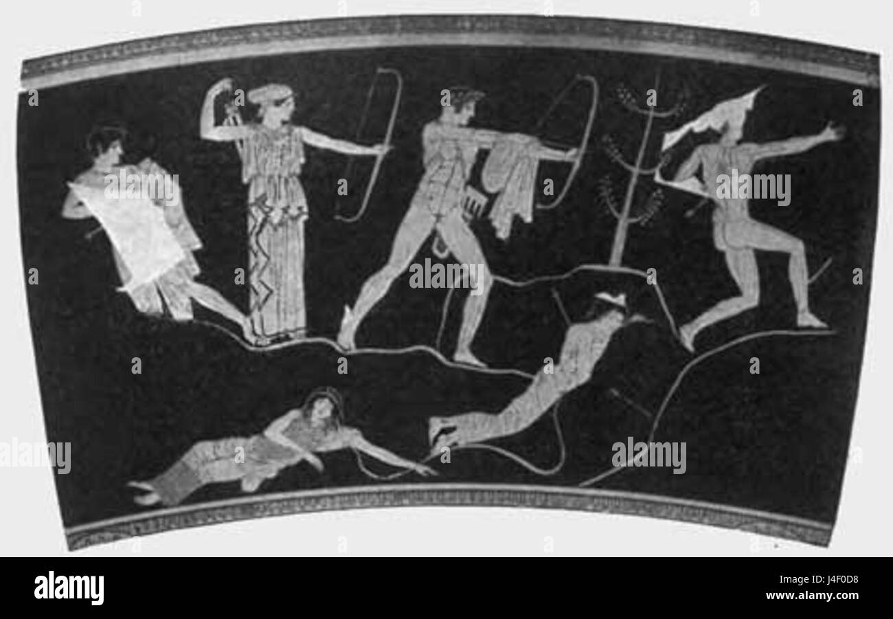 Il "Pittore dei Niobidi" è un antico artista greco noto per aver dipinto il vaso Niobid, un kylix a figura rossa esposto al Louvre. Questo lavoro risale al 460 a.C. circa e raffigura il mito di Niobe, illustrando la mitologia e la tragedia greca. Foto Stock Il "Pittore dei Niobidi" è un antico artista greco noto per aver dipinto il vaso Niobid, un kylix a figura rossa esposto al Louvre. Questo lavoro risale al 460 a.C. circa e raffigura il mito di Niobe, illustrando la mitologia e la tragedia greca. Foto Stock