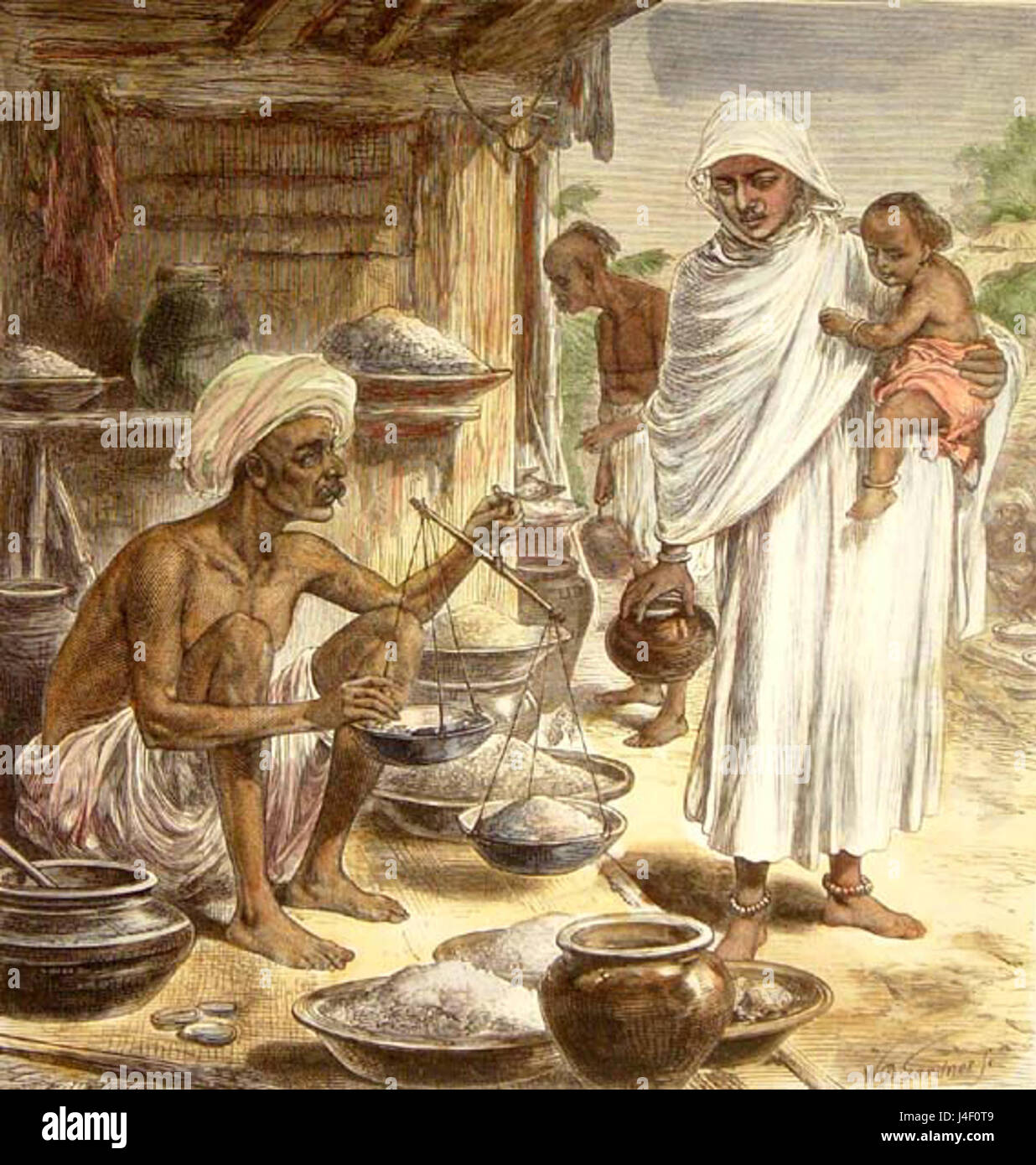 Questa illustrazione del 1875 tratta da "The Illustrated London News" raffigura un venditore di cereali bengalese, che mostra l'abbigliamento e il commercio tradizionali dell'epoca. La colorazione a mano aggiunta in seguito migliora il fascino visivo di questa rappresentazione storica. Foto Stock