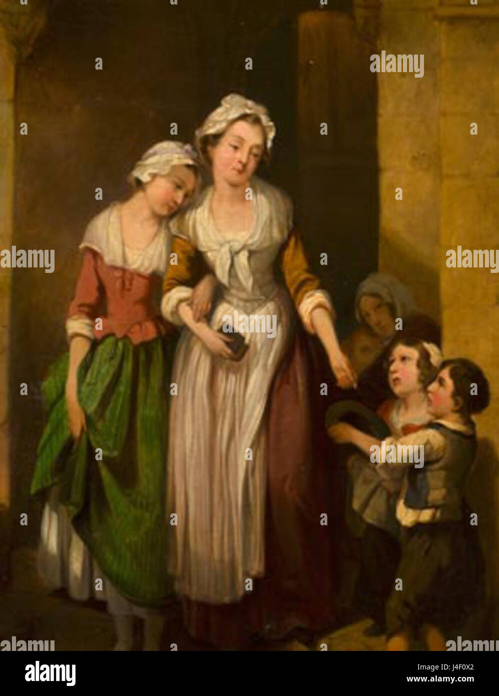 Questo titolo si riferisce a un dipinto nello stile di Francis Wheatley, che mostra una scena di carità in cui le elemosine vengono date per mendicare i bambini, riflettendo temi di responsabilità sociale e compassione. Foto Stock