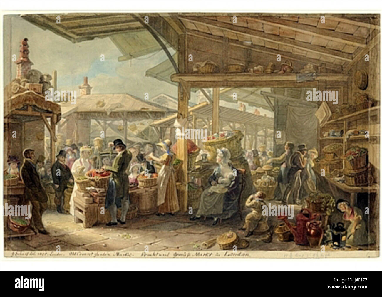 L'Old Covent Garden Market di Londra, risalente al 1825, era un sito chiave per il commercio e il commercio della città. È diventata una delle più importanti aree di mercato di Londra, conosciuta per le sue bancarelle di frutta e verdura e l'atmosfera vivace. Foto Stock