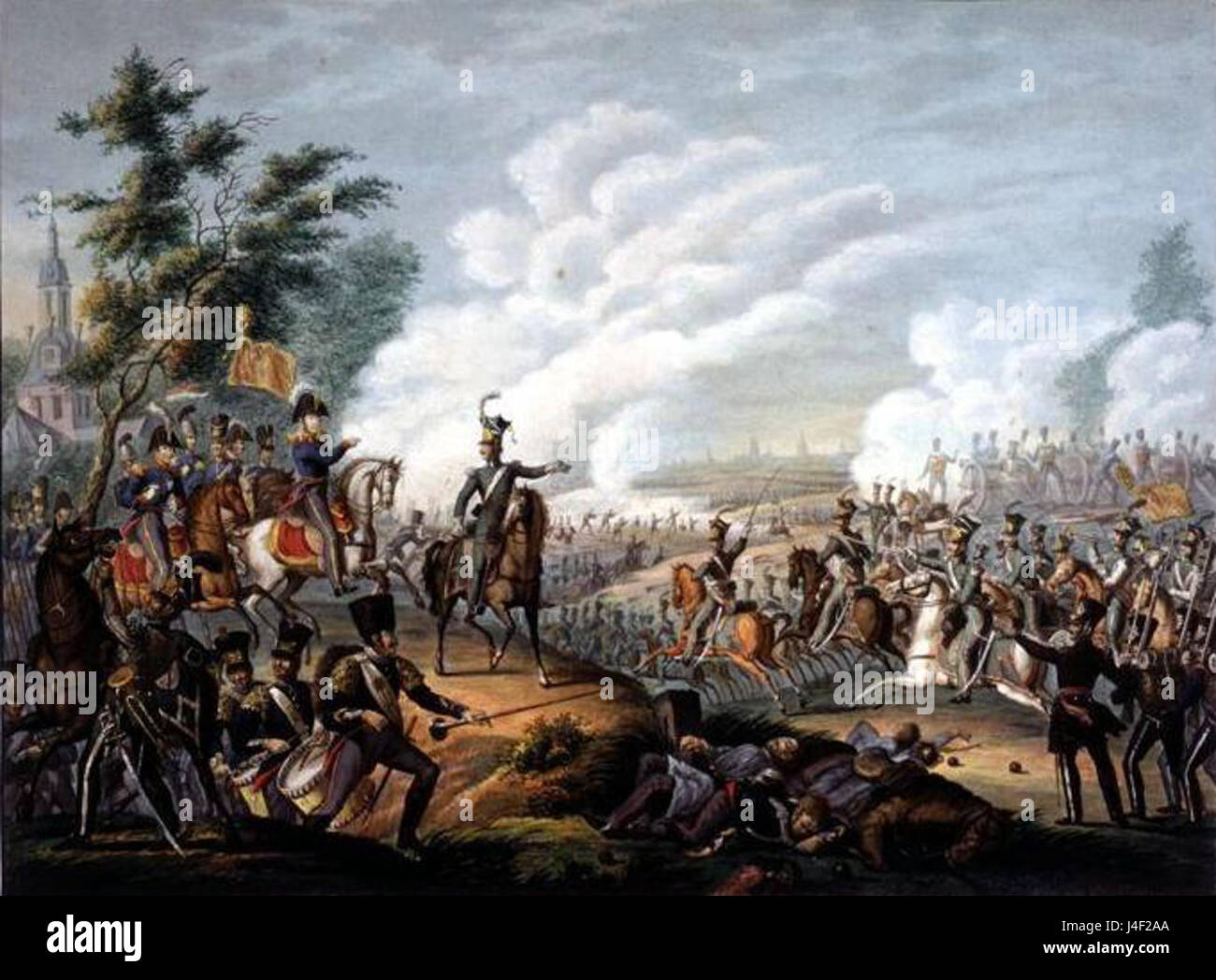 Un'illustrazione storica o un documento che commemora la vittoria a Lovanio il 12 agosto 1831, evidenziando gli eventi chiave e il significato militare della battaglia durante la rivoluzione belga. Foto Stock