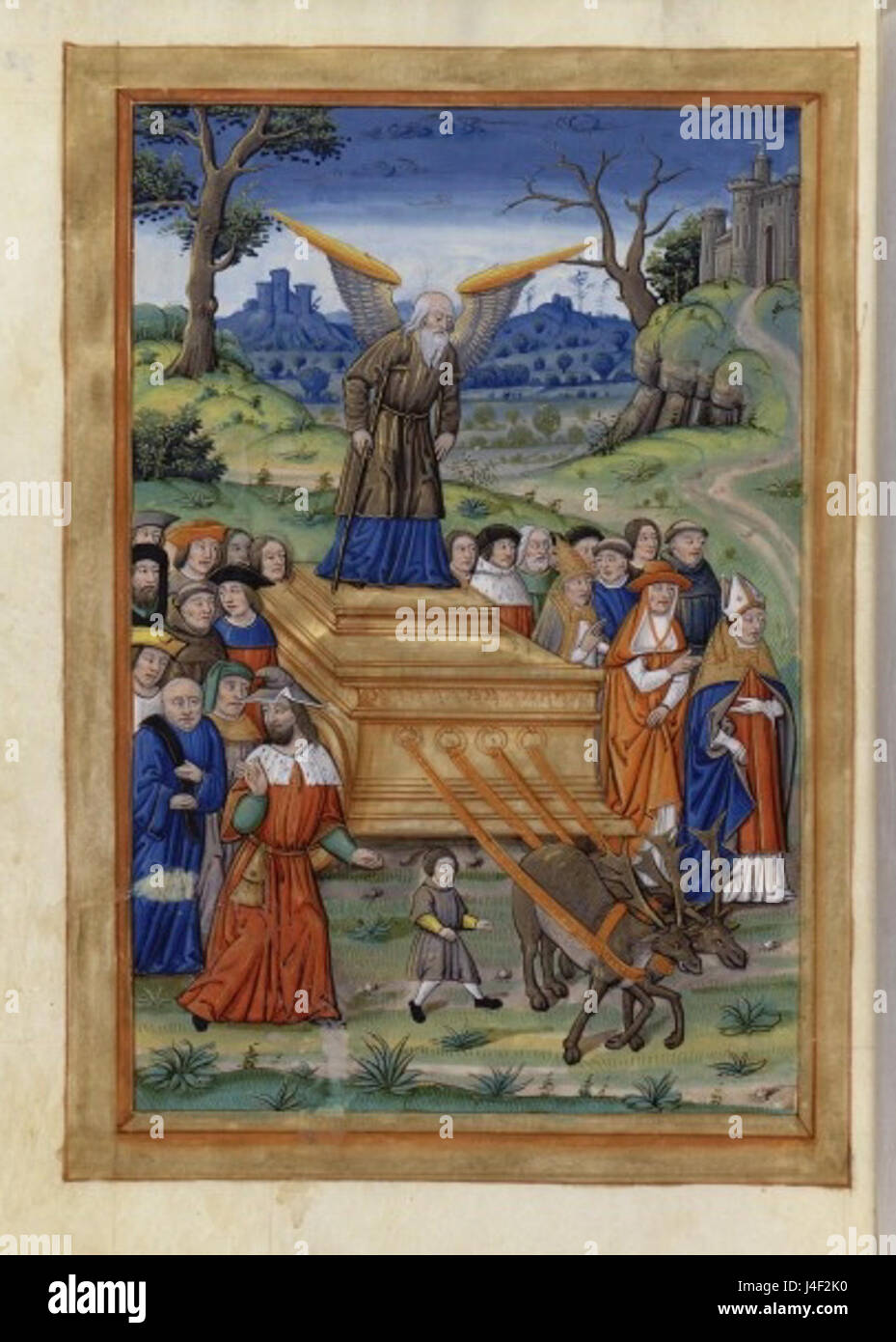 Questa illustrazione tratta da "Francais 12423" raffigura l'allegoria di "Triomphe du Temps", che rappresenta il trionfo del tempo. L'opera è probabilmente un'opera d'arte visiva o un manoscritto che illustra il passaggio del tempo come concetto universale. Foto Stock