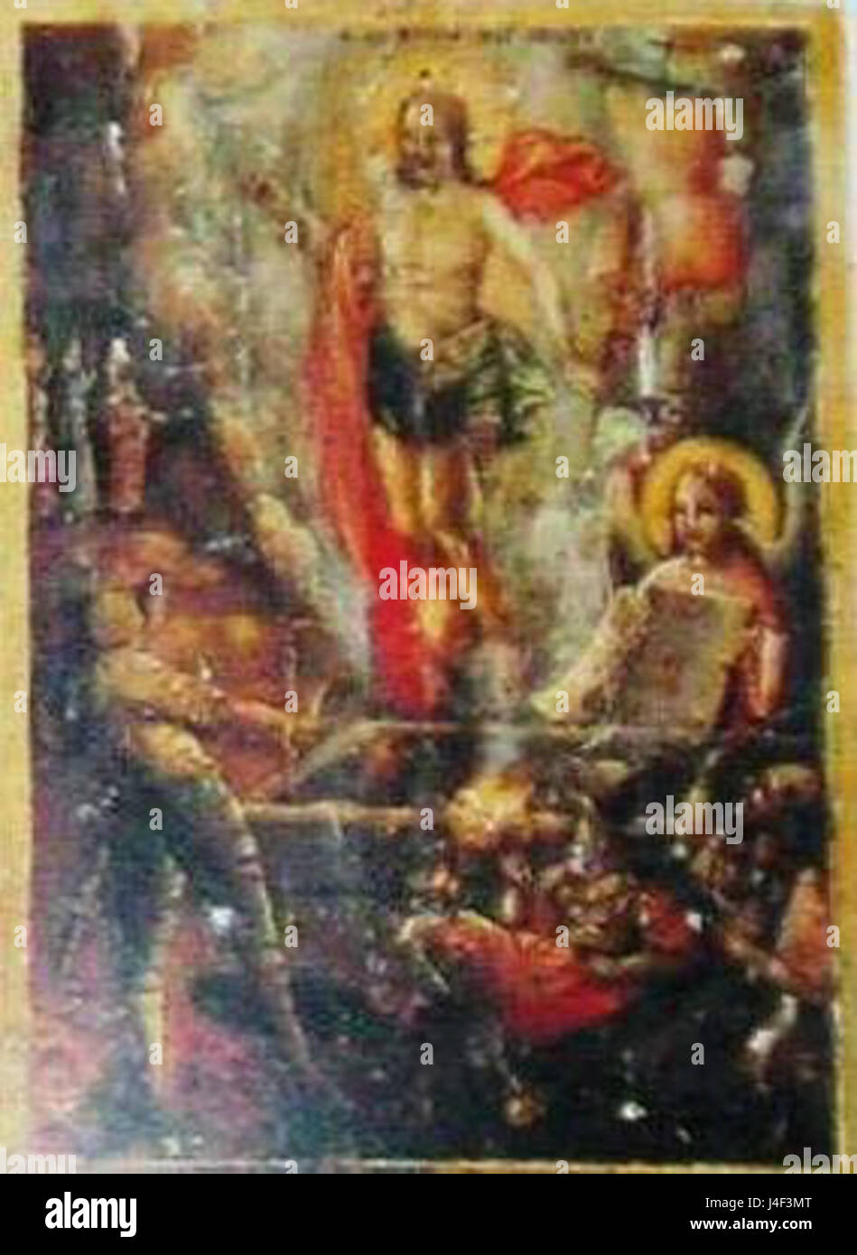 Questa didascalia si riferisce all'icona della Resurrezione di Cristo esposta nella Chiesa di Ognissanti a Xirokrini, Salonicco, Grecia. Rappresenta il tema religioso della risurrezione di Cristo e ha un significato culturale e religioso per la comunità locale. Foto Stock