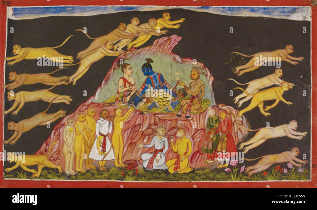 Un Mewar Ramayana manoscritto Sugriva invia il suo esercito di scimmia per cercare Sita. Rama Hanuman dà il suo anello come un token da cui Sita Foto Stock
