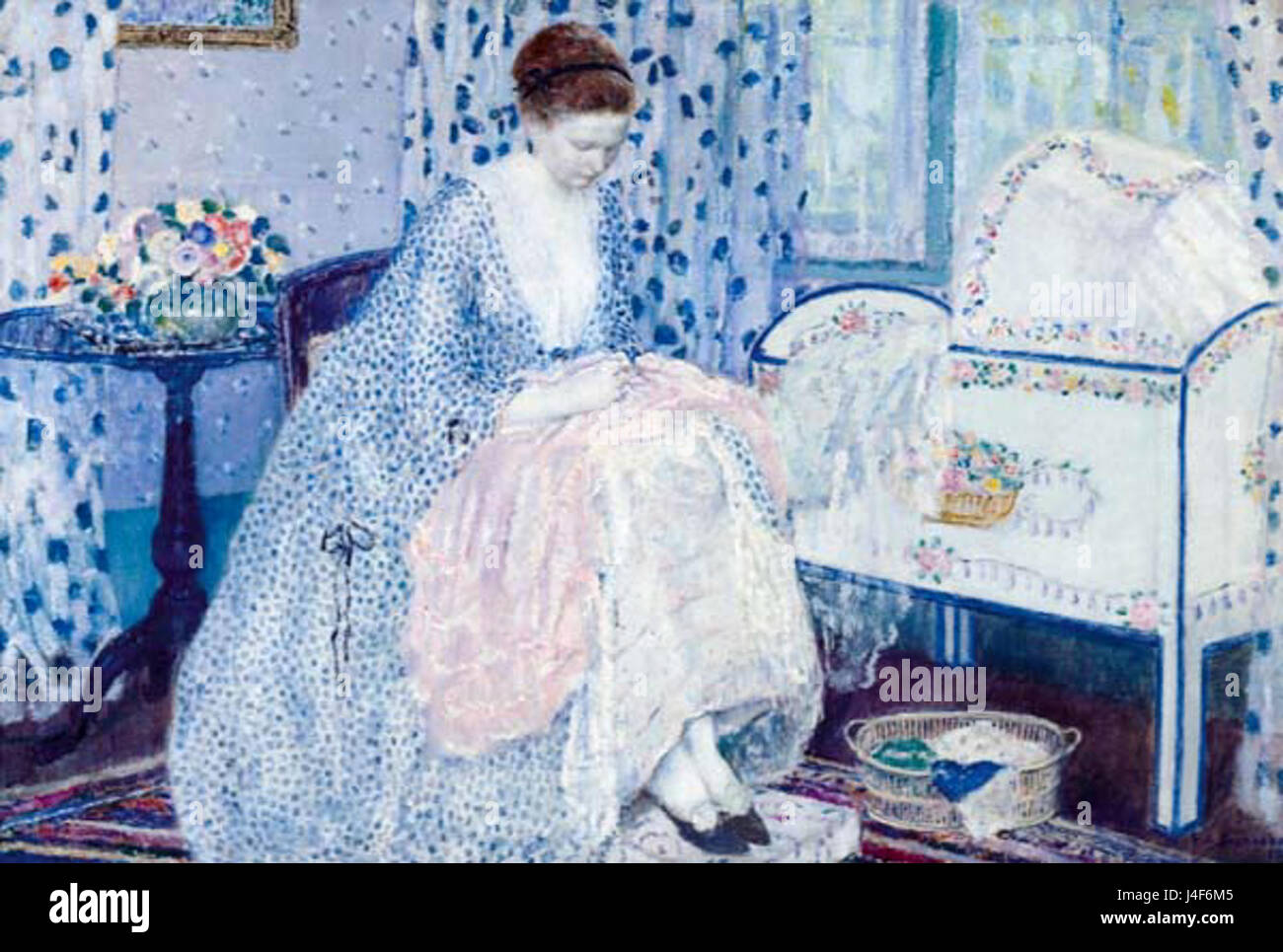 Questo dipinto di Fredrick Frieseke intitolato "Pace" mostra un paesaggio sereno e rilassante, enfatizzando la tranquillità e l'armonia nella natura. L'opera riflette l'attenzione dell'artista su ambientazioni tranquille. Foto Stock