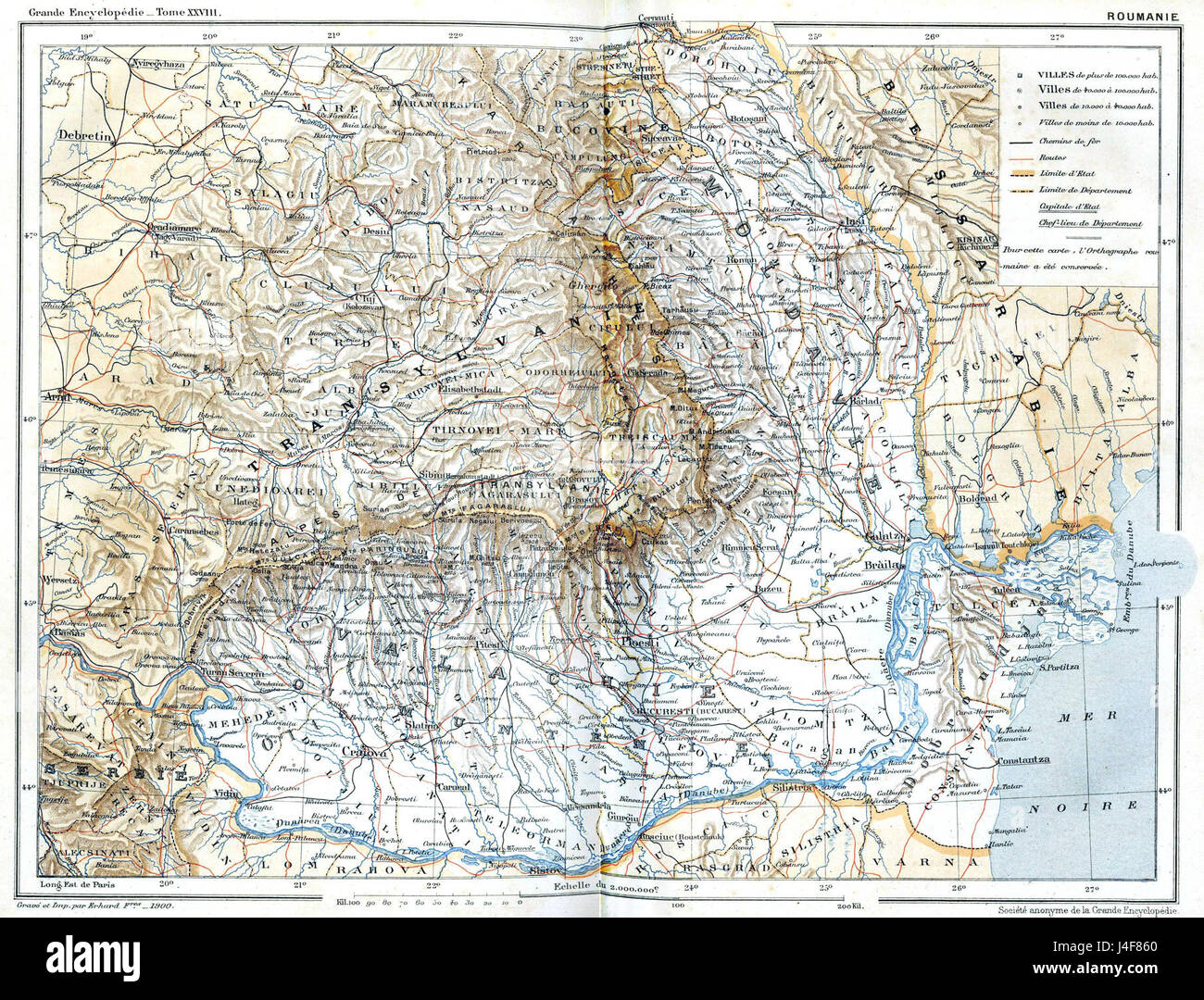 "Roumanie" (1886) è una mappa storica che rappresenta la Romania alla fine del XIX secolo. Riflette i confini politici e geografici del paese durante un periodo di cambiamento e sviluppo significativo. Foto Stock