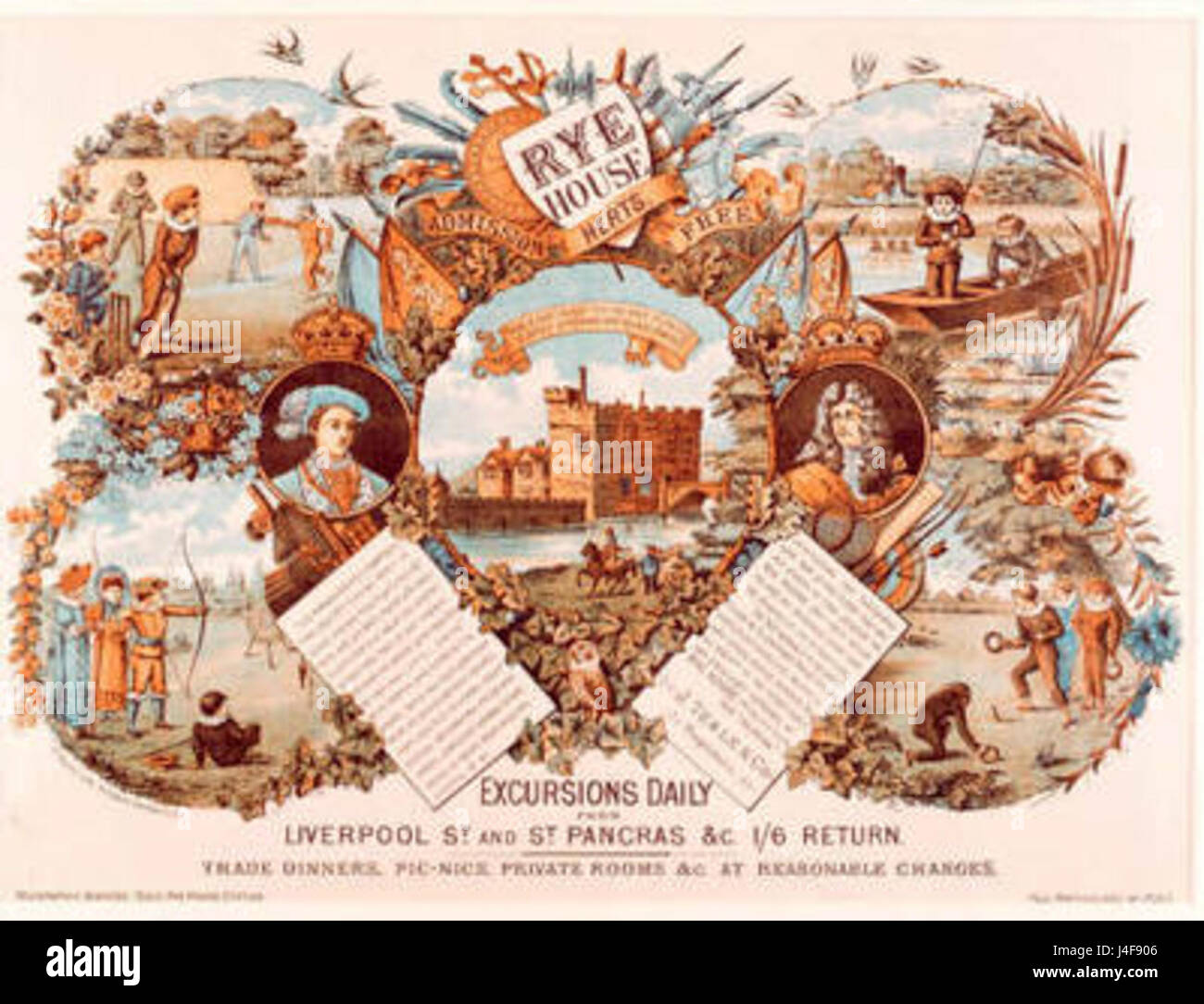 Questo si riferisce a un poster d'epoca che promuove escursioni a Rye House, un sito storico nel Regno Unito noto per il suo significato storico e culturale. Foto Stock
